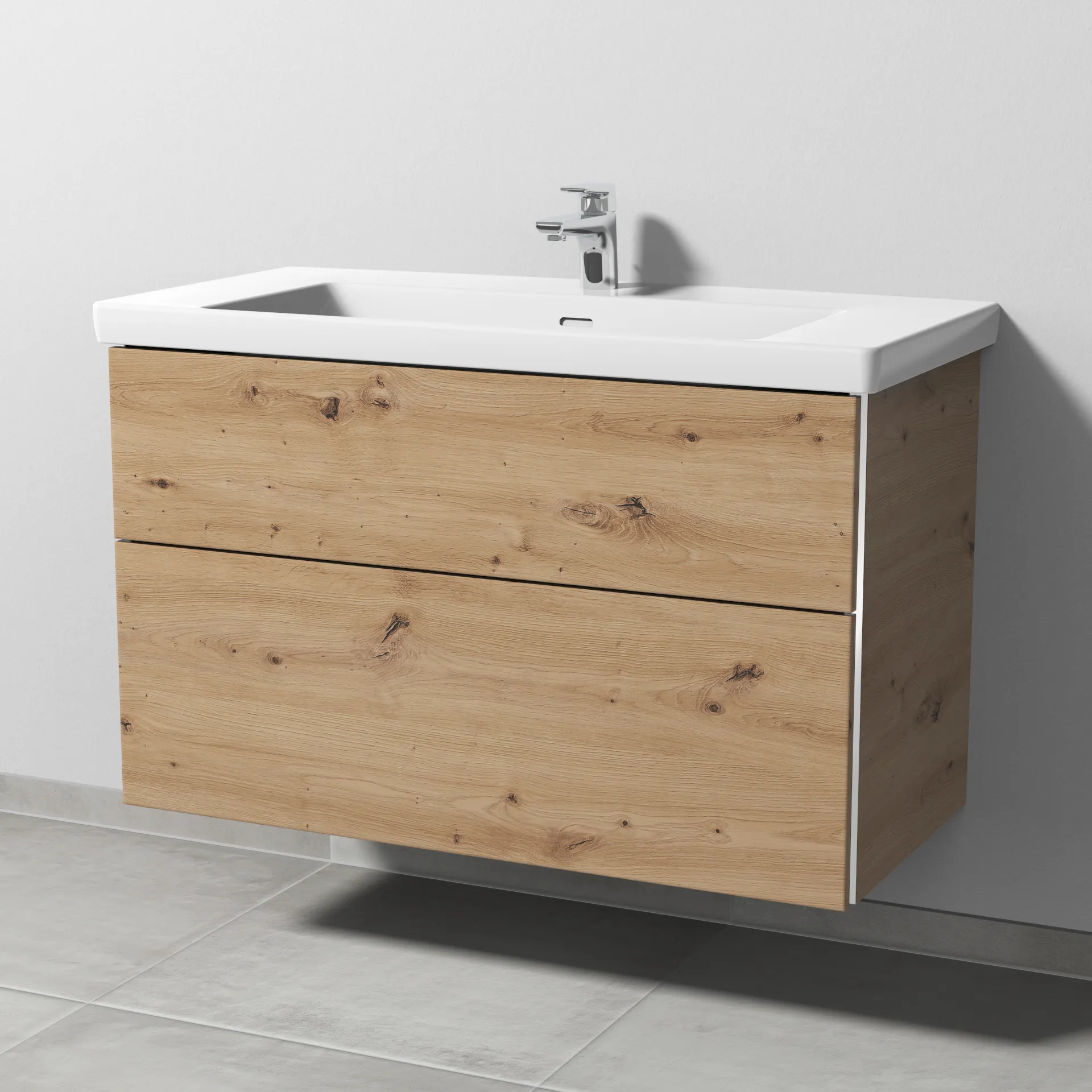 Sanipa Waschtischunterschrank „3way“ 955 × 588 × 462 mm in Eiche Natural-Touch, Becken mittig, mit Hahnlochbohrung