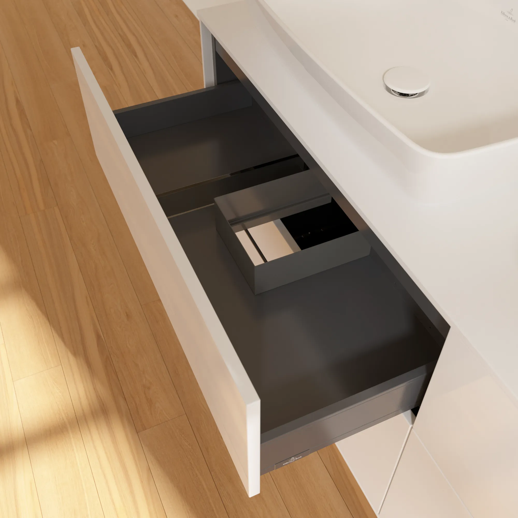 Villeroy & Boch Waschtischunterschrank „Finion“ für Schrankwaschtisch 1600 × 603 × 501 mm Glossy White Lacquer, für links und rechts, mit Hahnlochbohrung