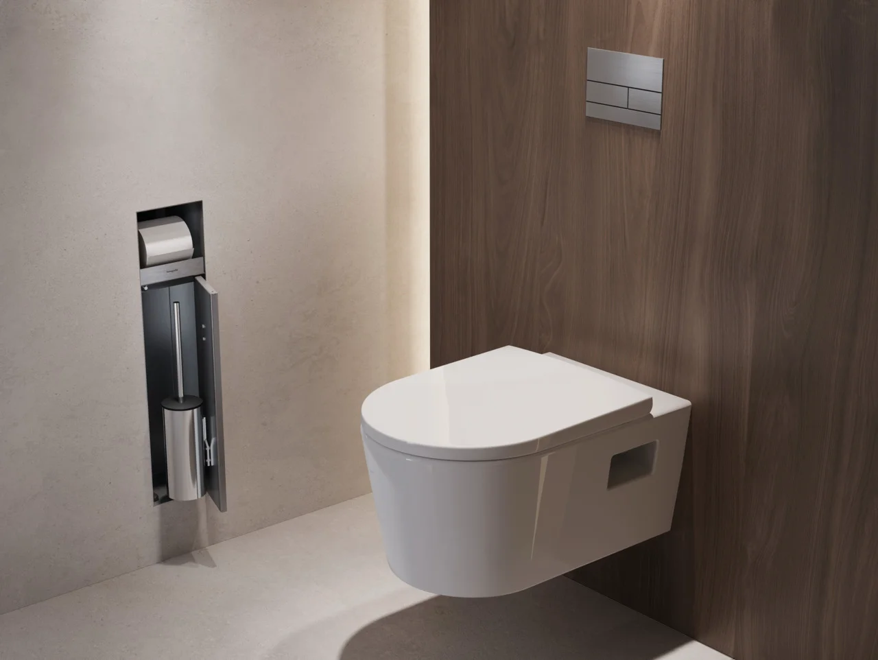 Hansgrohe XtraStoris Rock Einbau Toilettenbürstenhalter mit befliesbarer Tür, Edelstahl gebürstet, links anschlagend, 140 mm Einbautiefe