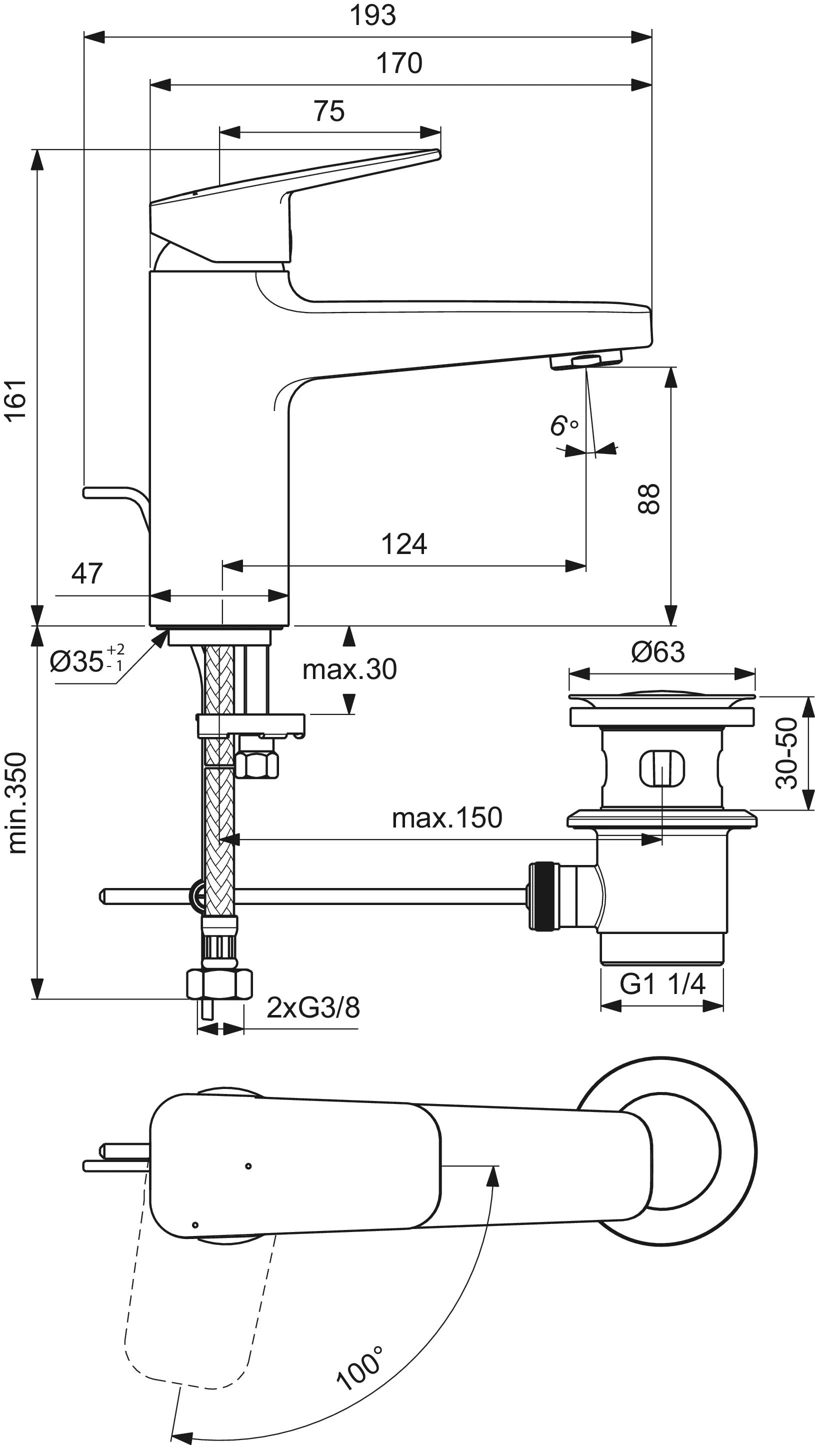 Waschtischarmatur Ceraplan H90 mit Ablaufgarnitur Ausladung 124mm BlueStart Chrom