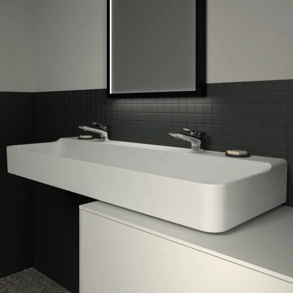 Waschbecken „Conca“ 120 × 45 × 14,5 cm, Hahnlochposition links und rechts in Weiß