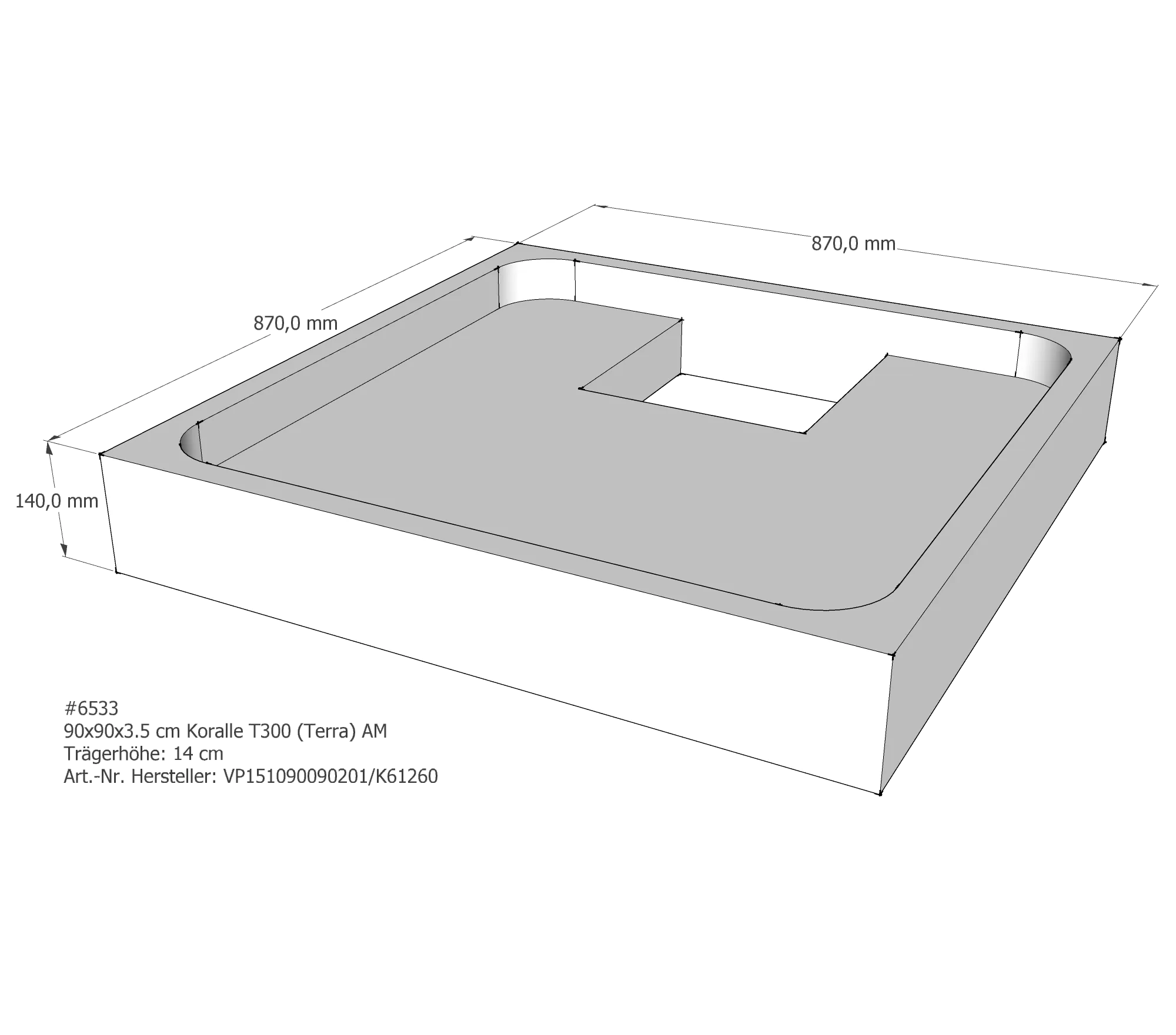 Duschwannenträger passend für Koralle T300 90/90 (Terra) 90 × 90 × 3,5 cm