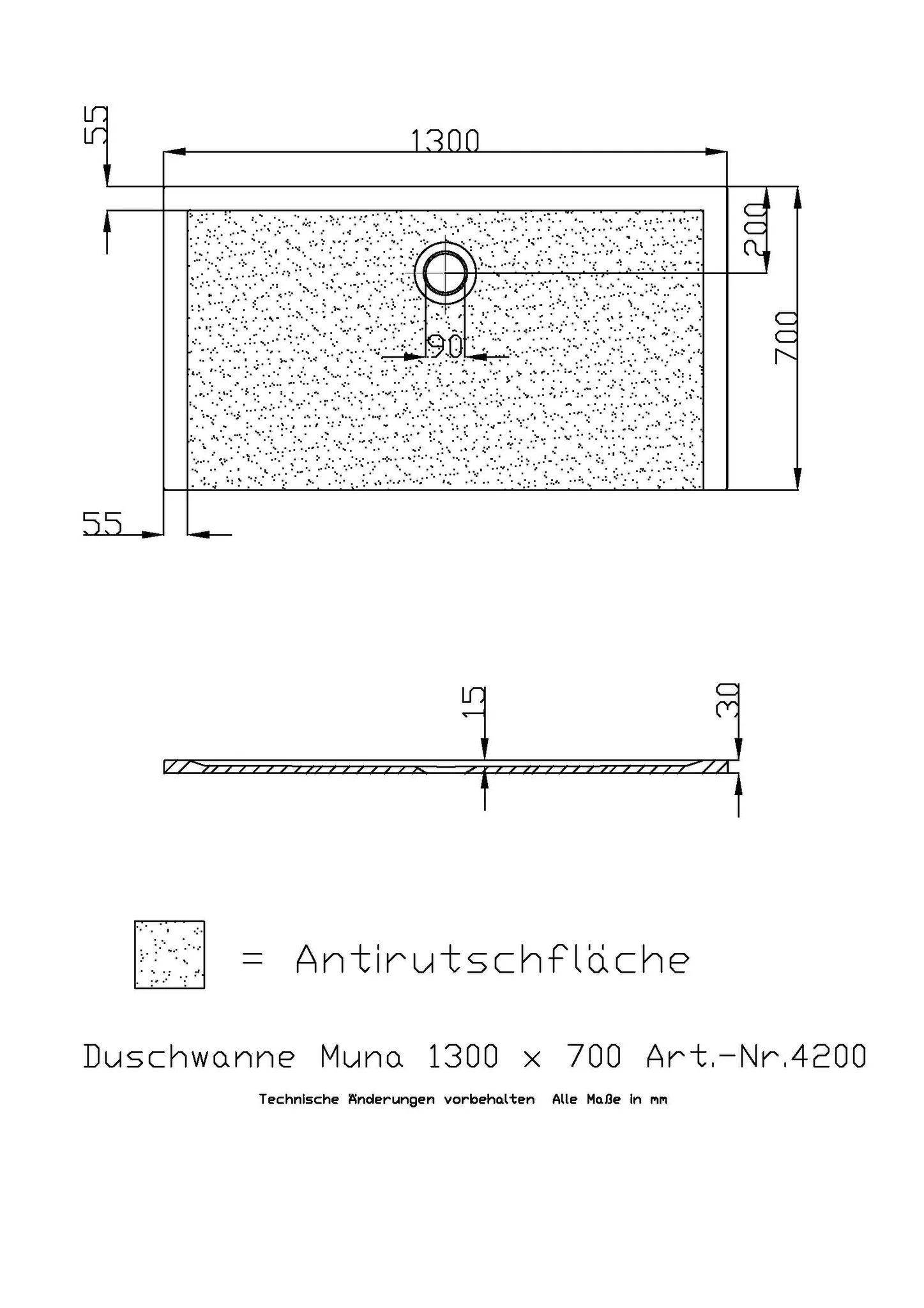 Duschwanne „Muna“ Rechteck 130 × 70 cm in Weiß