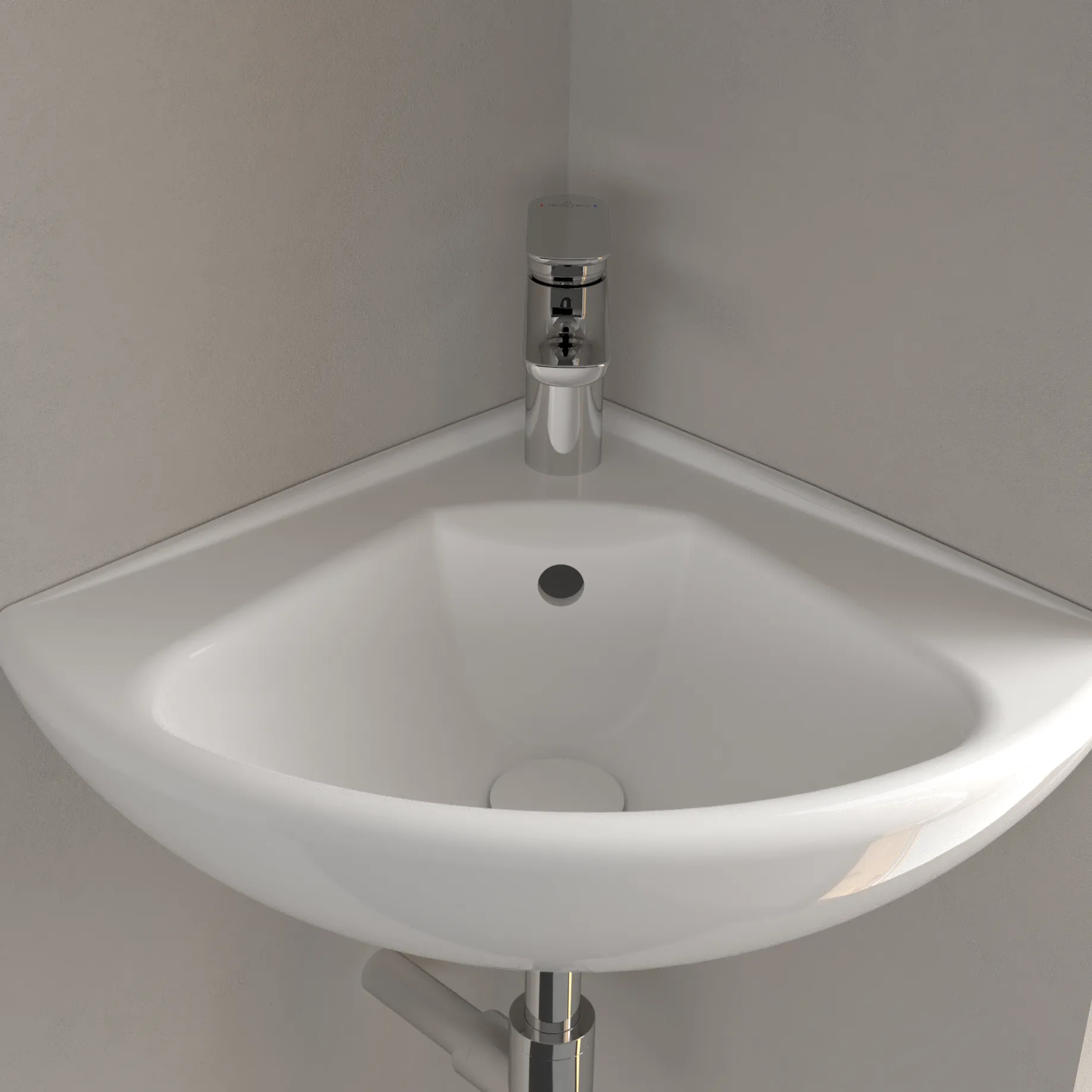 Villeroy & Boch Eck-Handwaschbecken „O.novo“ Compact 415 × 415 × 195 mm, mit Hahnlochbohrung, Hahnlochposition mittig