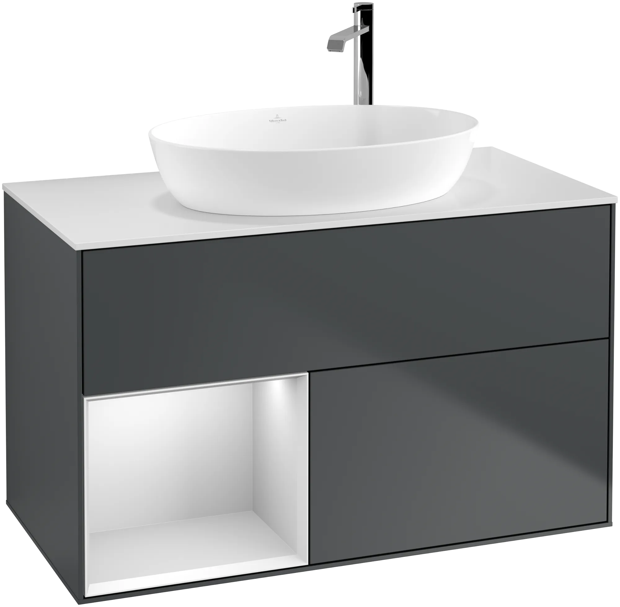 Villeroy & Boch Finion Waschbeckenunterschrank F89, 1000 x 603 x 501 mm, Midnight Blue Matt Lacquer / White Matt Lacquer / Glass White Matt