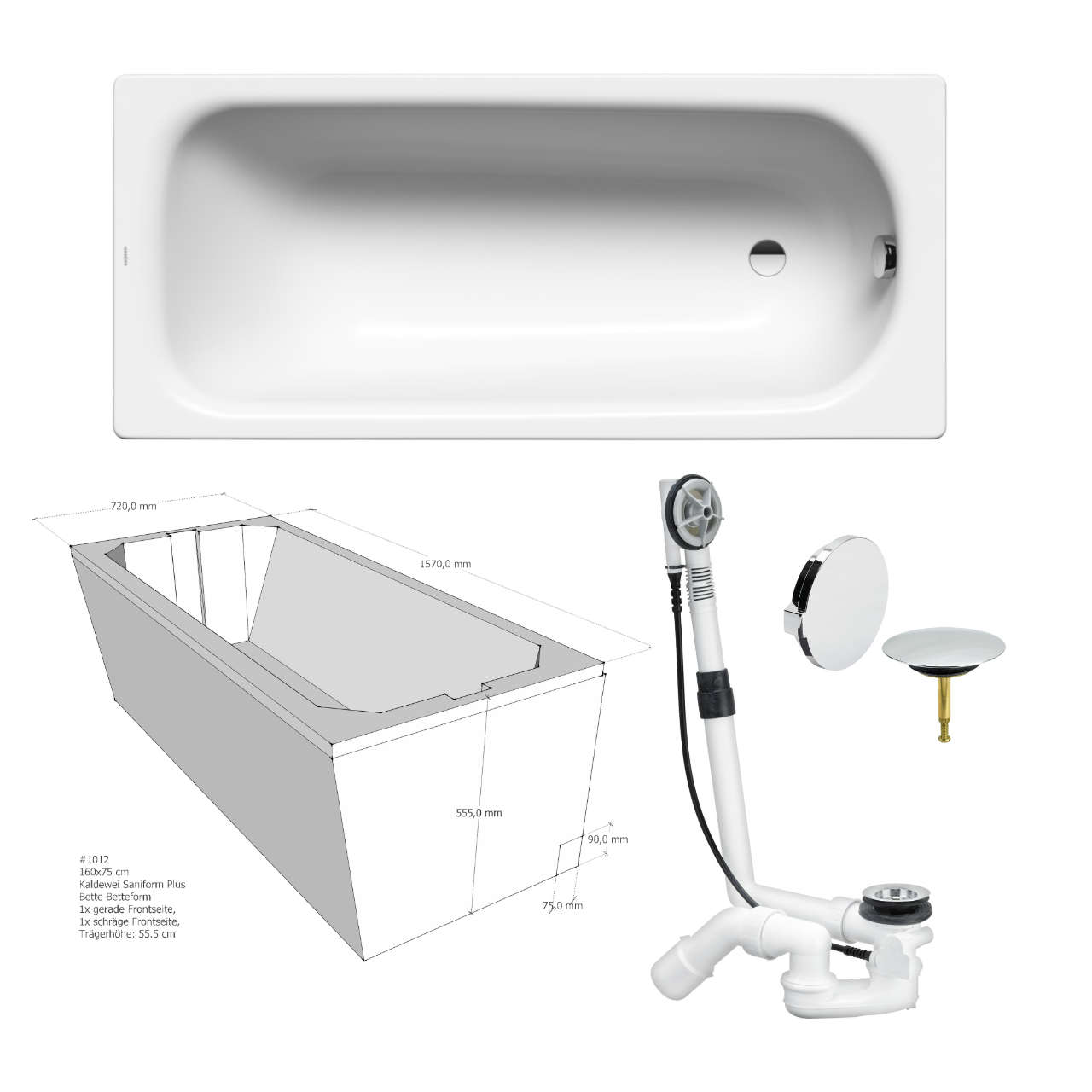 Set Badewanne Kaldewei Saniform Plus 160 × 70 cm mit Träger und Ablaufgarntiur 160 × 75 cm