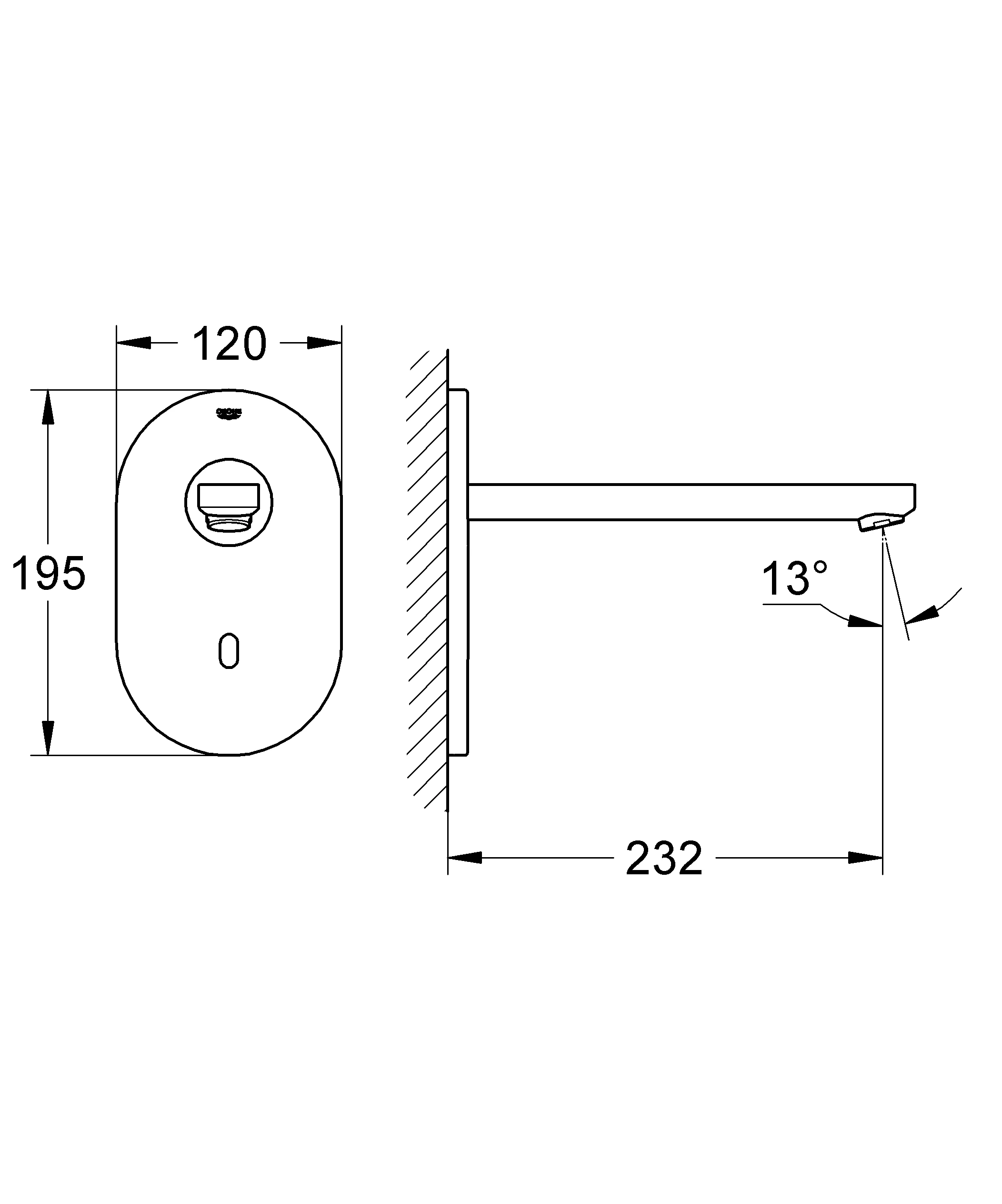 Infrarot-Elektronik für Waschtisch-Wandarmatur Eurosmart CE 36334, ohne Mischung, Fertigmontageset für UP-Einbaukasten 36 336 001/36 337 001, mit Trafo 100-230 V AC, 50-60 Hz, 6 V DC, Ausladung 232 mm, edelstahl