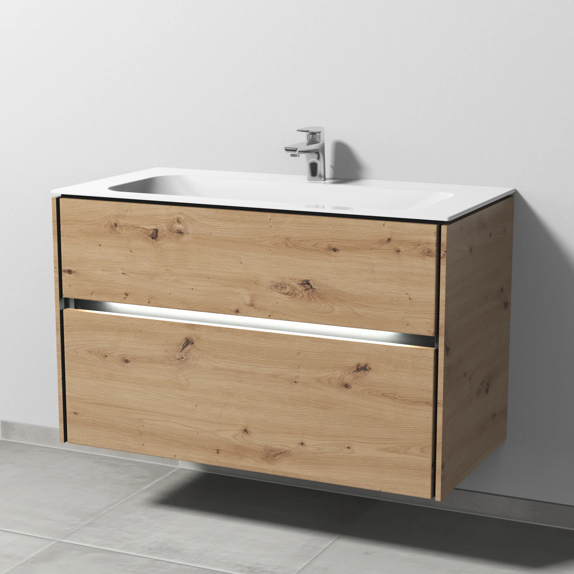 Keramik-Waschtisch-Set mit Waschtischunterschrank „Twiga“ 99 × 50 × 61 cm in Eiche Natural-Touch, mit Beleuchtung, mit Hahnlochbohrung Keramik-Waschtisch-Set mit Waschtischunterschrank „Twiga“ 99 × 50 × 61 cm in Eiche Natural-Touch, mit Beleuchtung, mit Hahnlochbohrung