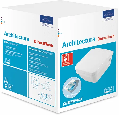 Wand-Tiefspül-WC Combi-Pack DirectFlush „Architectura“ 37 × 31,6 × 53 cm, ohne Spülrand, Abgang waagerecht