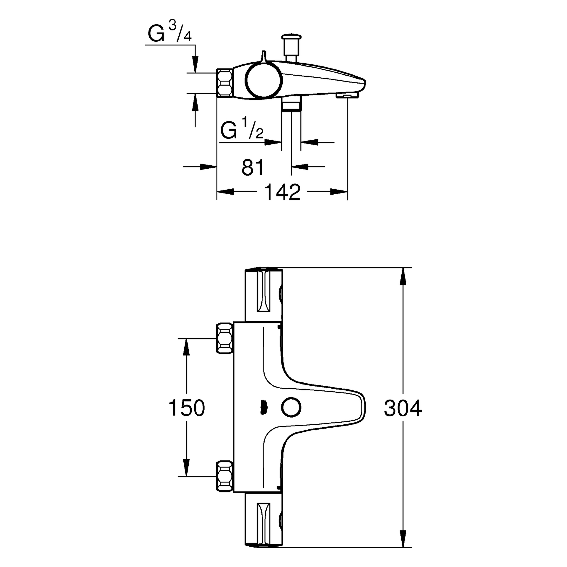 Thermostat-Wannenbatterie Grohtherm 800 34568, Wandmontage, ohne Anschlüsse, eigensicher, chrom