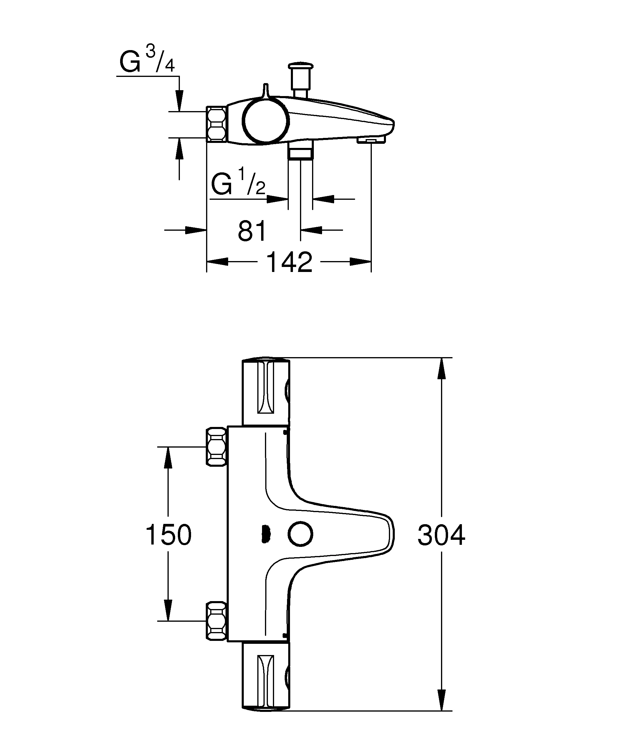 Thermostat-Wannenbatterie Grohtherm 800 34568, Wandmontage, ohne Anschlüsse, eigensicher, chrom