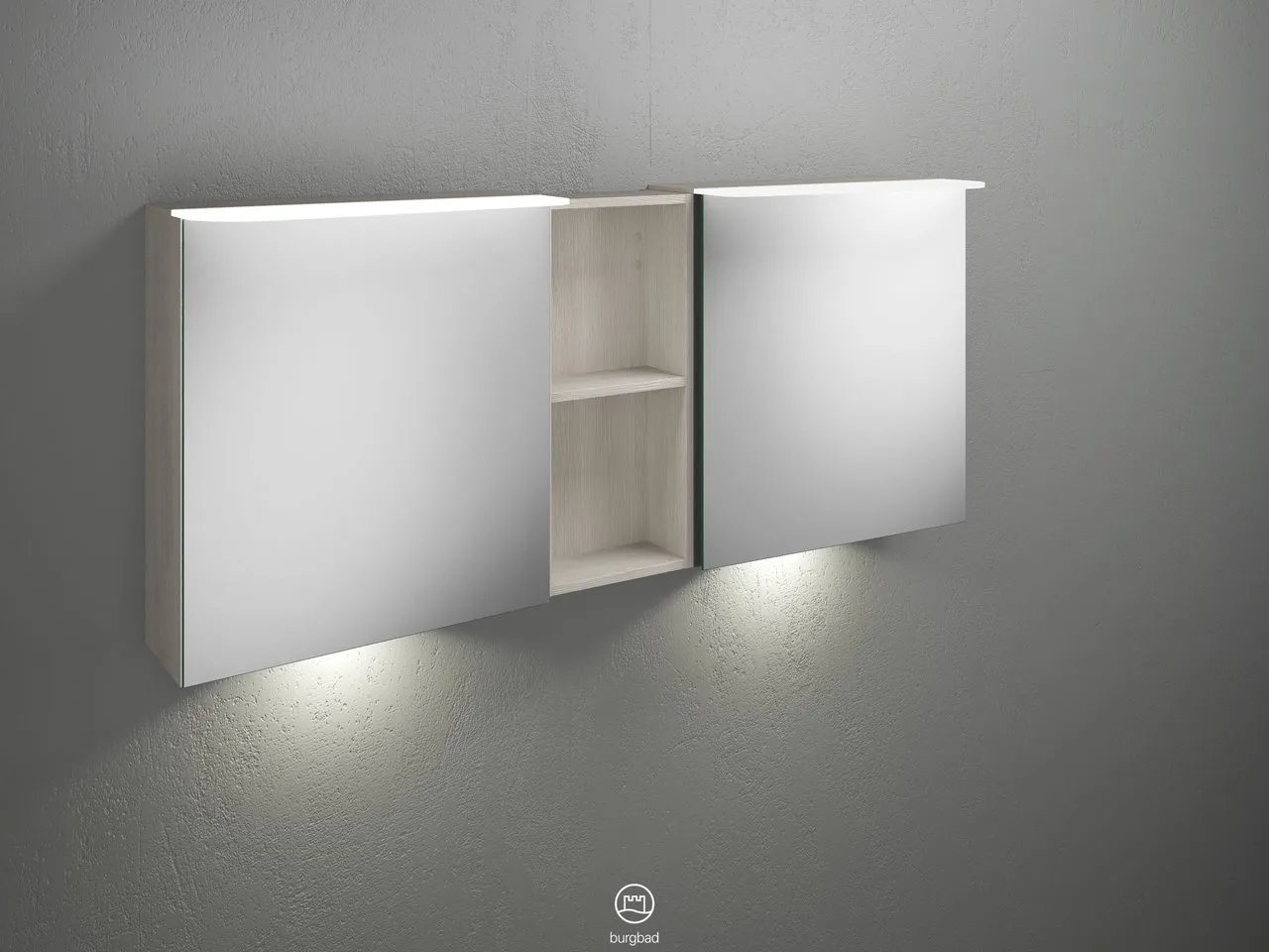 Burgbad Spiegelschrank Badu SFUE150, 310x1500x665 mm, beidseitig verspiegelt mit Regal und LED-Beleuchtung