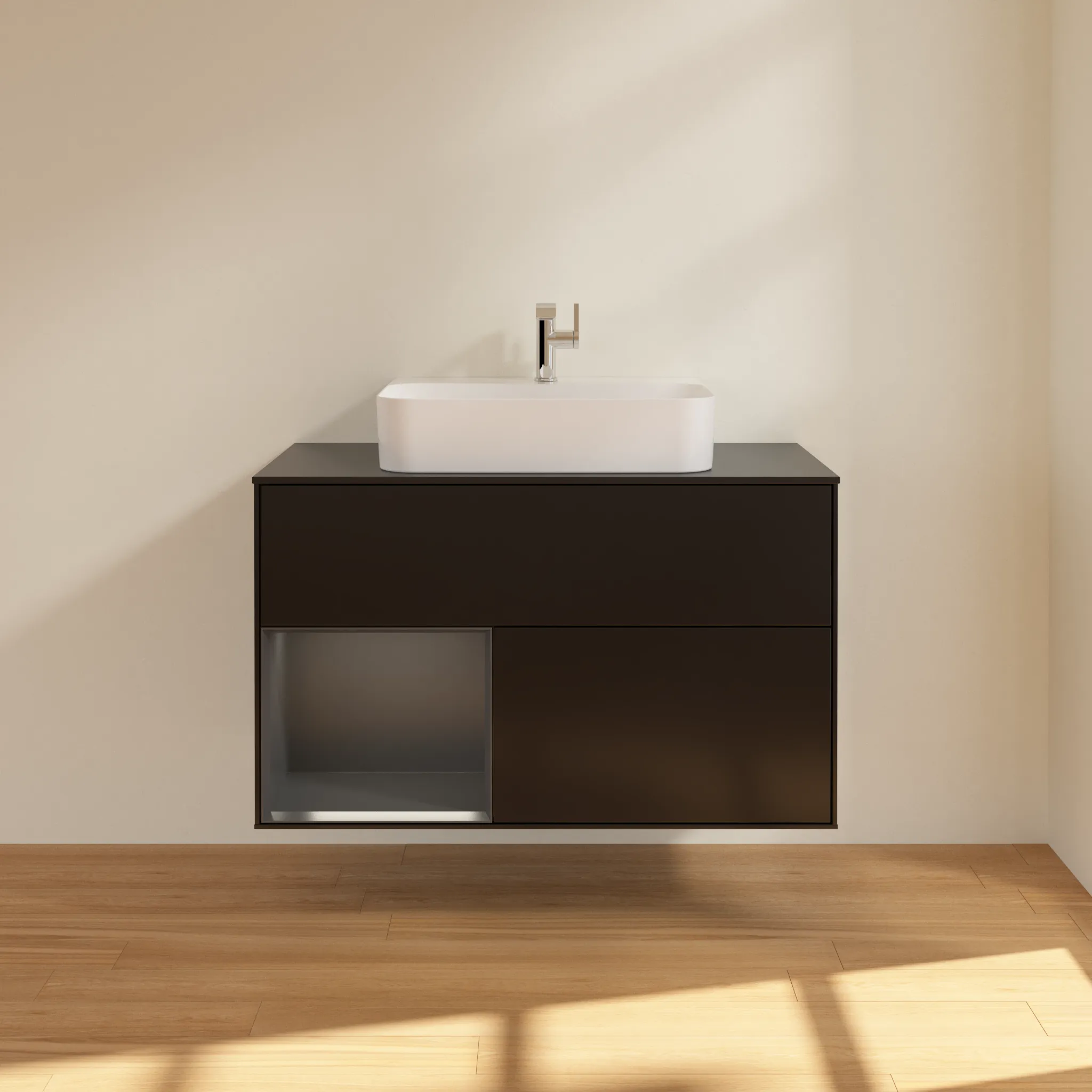 Villeroy & Boch Waschbeckenunterschrank Finion F11, 1000x603x501 mm, Black Matt Lacquer mit Gold Akzenten, mit Beleuchtung und Push-to-open Funktion