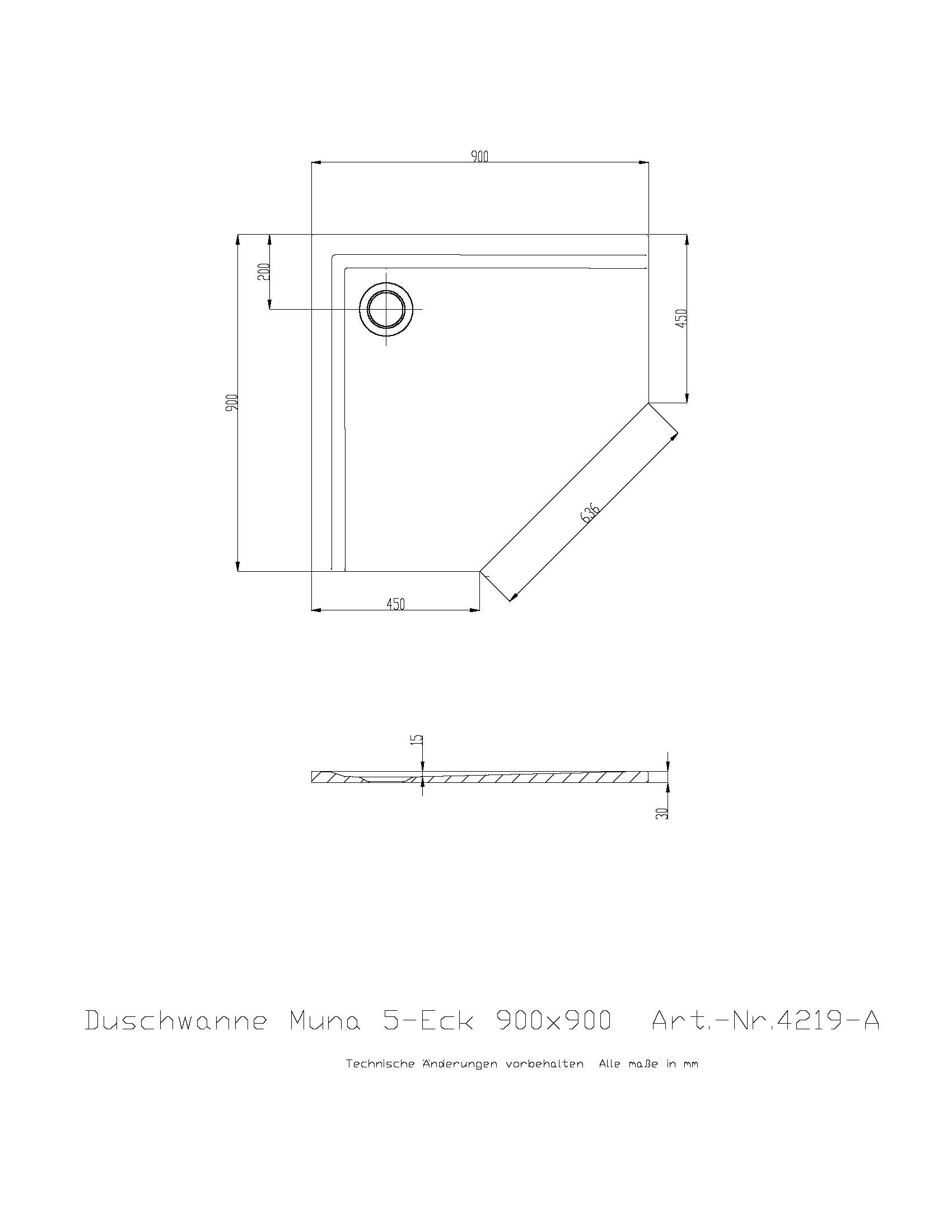 Duschwanne „Muna“ Fünfeck 90 × 90 cm in Weiß