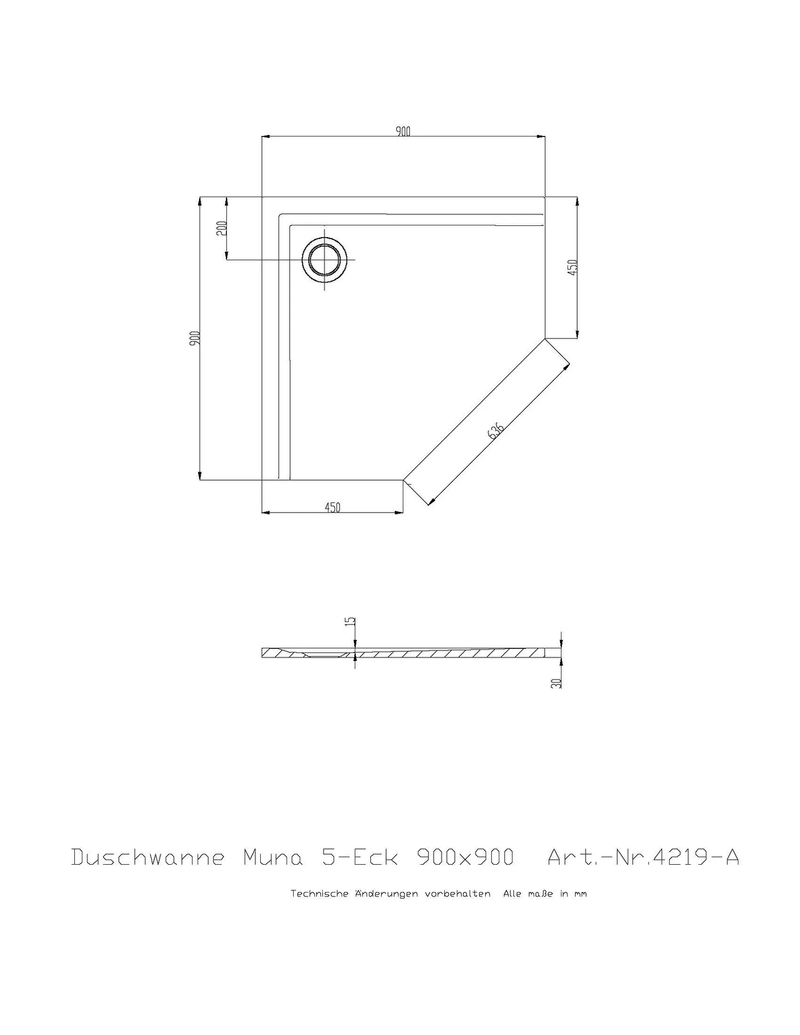 Duschwanne „Muna“ Fünfeck 90 × 90 cm in Steingrau