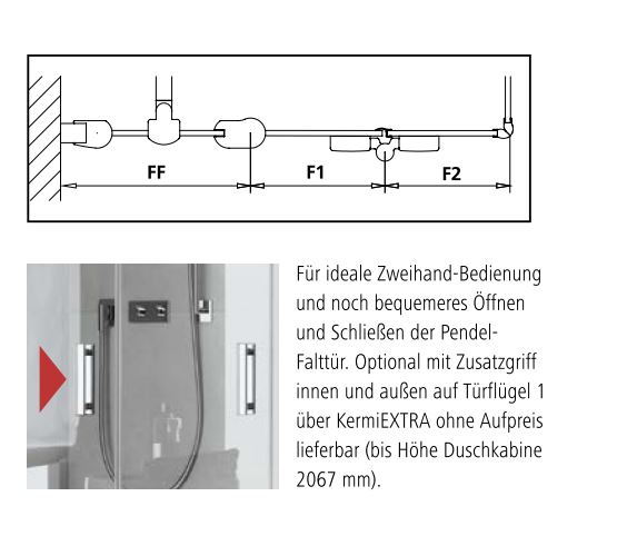 Kermi Pendel-Falttür mit Festfeld 2-teilig Halbteil links „Diga“ Glas Klar, Falttür BV: 880 - 900 mm GAK: 865 - 885 mm WE: 890 - 910 mm H: 1850 mm