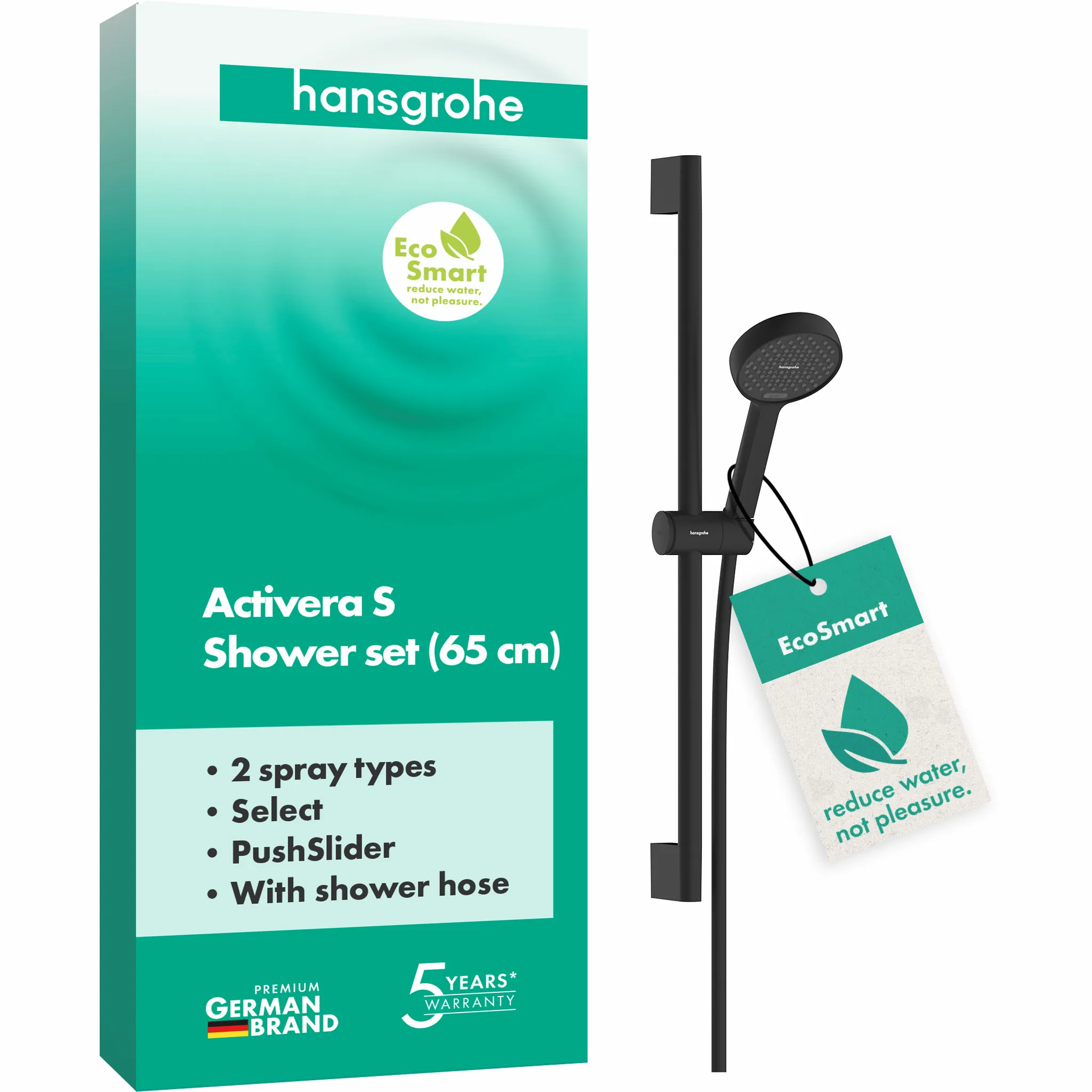 Hansgrohe Activera Select S Brauseset 95 2jet EcoSmart, Mattschwarz, 65 cm Brausestange, Rain & ImpactRain Strahl, 8 l/min Durchfluss