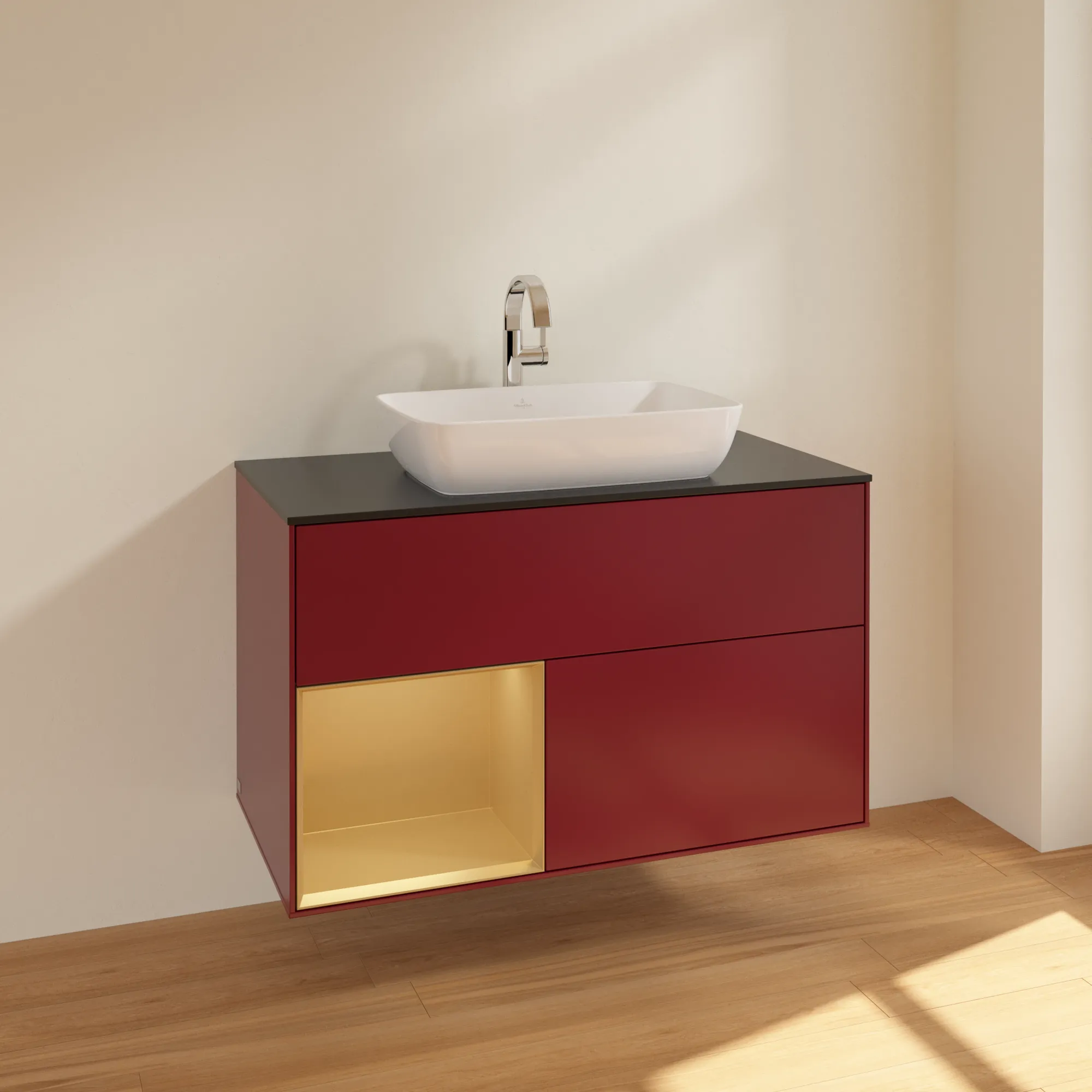 Villeroy & Boch Waschbeckenunterschrank Finion F77, 1000x603x501 mm, Peony Matt Lacquer mit Gold Regal, Beleuchtung dimmbar, SoftClosing, Push-to-open