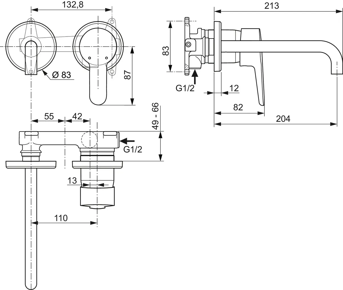 Wand-Waschtischarmatur ConnectBlue, Bausatz2, 2 Rosetten Durchmesser: 83mm, Ausladung 204mm, Chrom Wand-Waschtischarmatur ConnectBlue, Bausatz2, 2 Rosetten Durchmesser: 83mm, Ausladung 204mm, Chrom