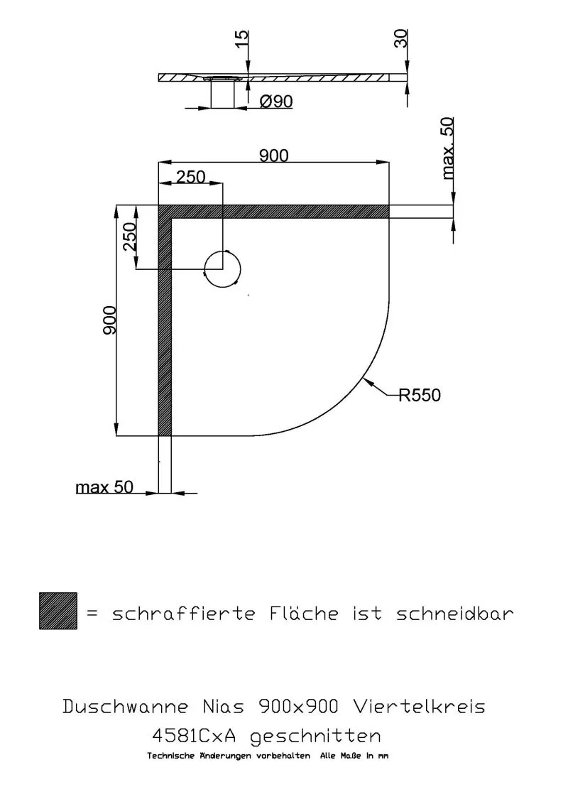 Hoesch viertelkreis Duschwanne geschnitten „Nias“ mit strukturierter Oberfläche 90 × 90 cm in Schiefergrau