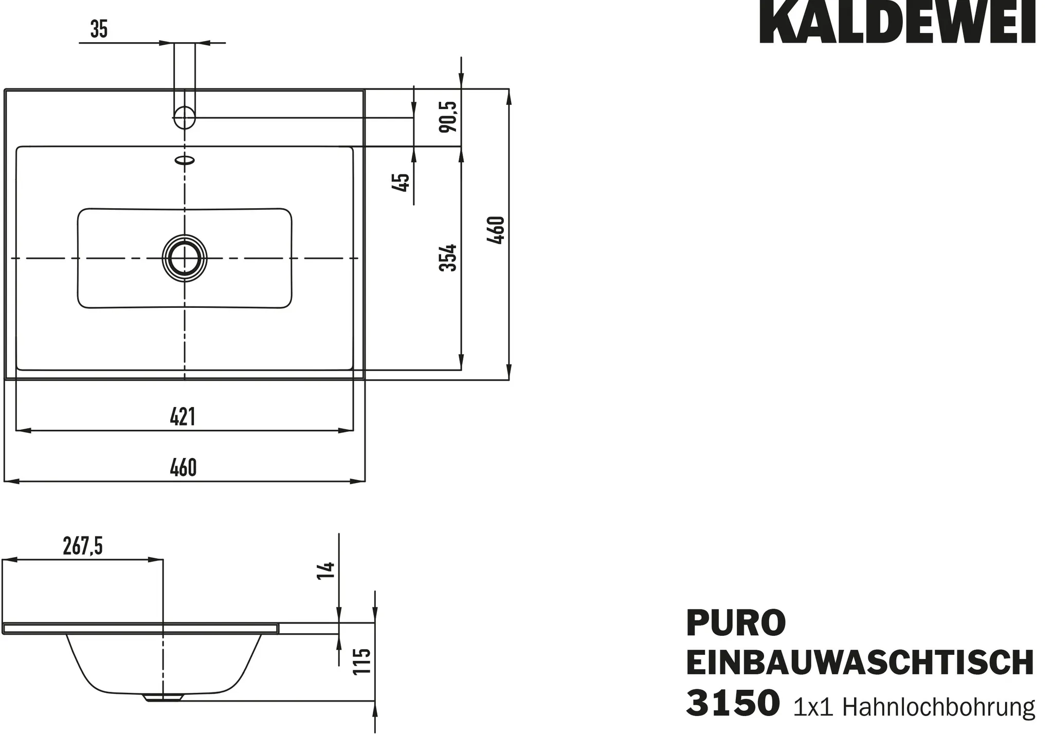 KALDEWEI PURO EINBAUWASCHTISCH, Mod.3150, 460x460mm, cool grey 70, Perl-Effekt, Antidröhn, 1-er Hahnlochbohrung, Überlauf, Sichtteile schwarz matt 100 KALDEWEI PURO EINBAUWASCHTISCH, Mod.3150, 460x460mm, cool grey 70, Perl-Effekt, Antidröhn, 1-er Hahnlochbohrung, Überlauf, Sichtteile schwarz matt 100