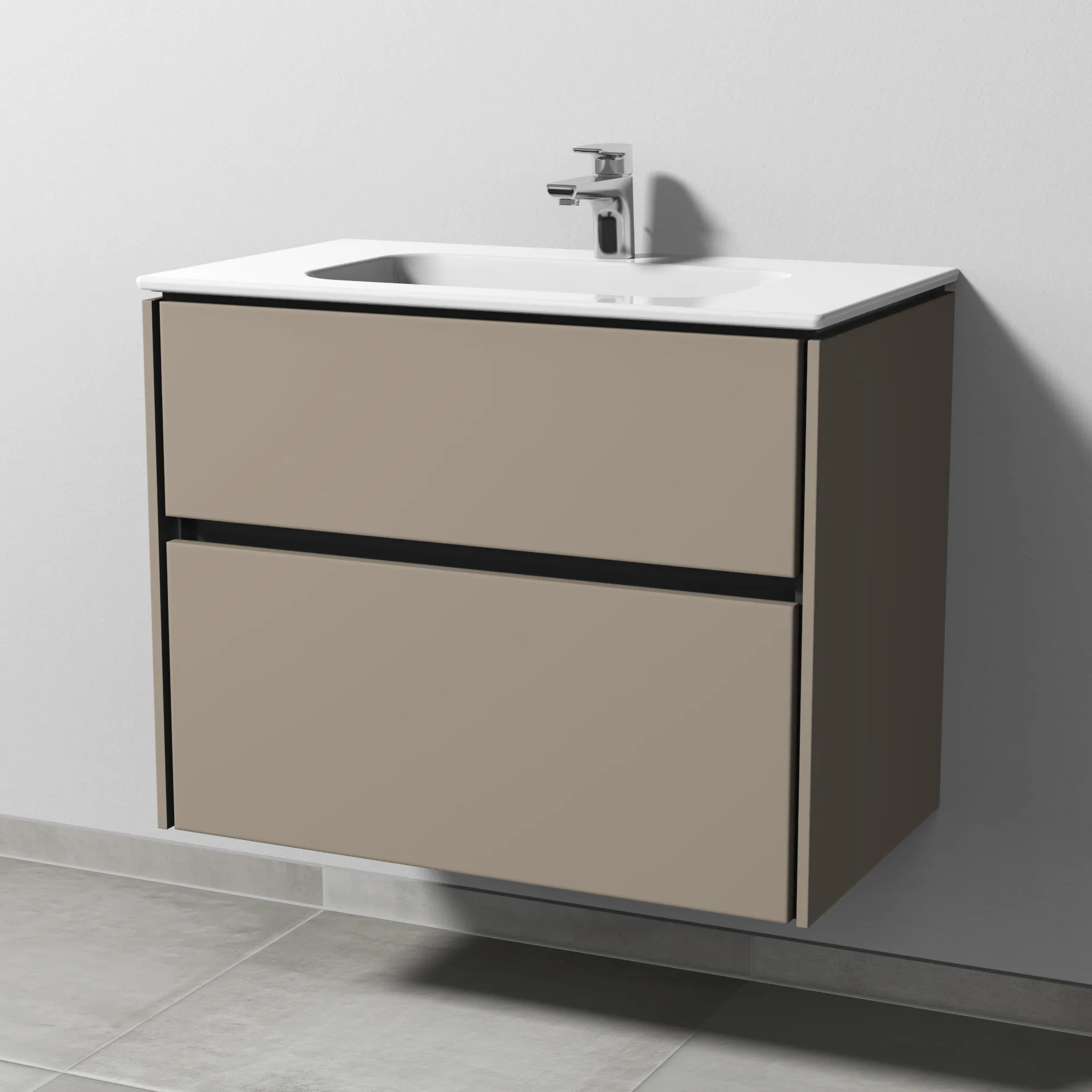 Keramik-Waschtisch-Set mit Waschtischunterschrank „Twiga“ 79 × 46 × 61 cm in Sandgrau (matt), mit Hahnlochbohrung, ohne Beleuchtung Keramik-Waschtisch-Set mit Waschtischunterschrank „Twiga“ 79 × 46 × 61 cm in Sandgrau (matt), mit Hahnlochbohrung, ohne Beleuchtung
