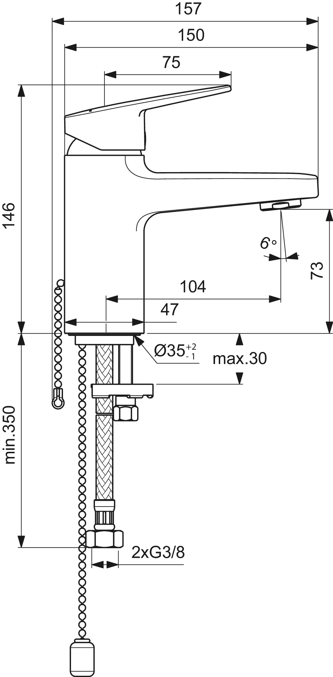 Waschtischarmatur Ceraplan H75 mit Kette ohne Ablaufgarnitur Ausladung 104mm Chrom