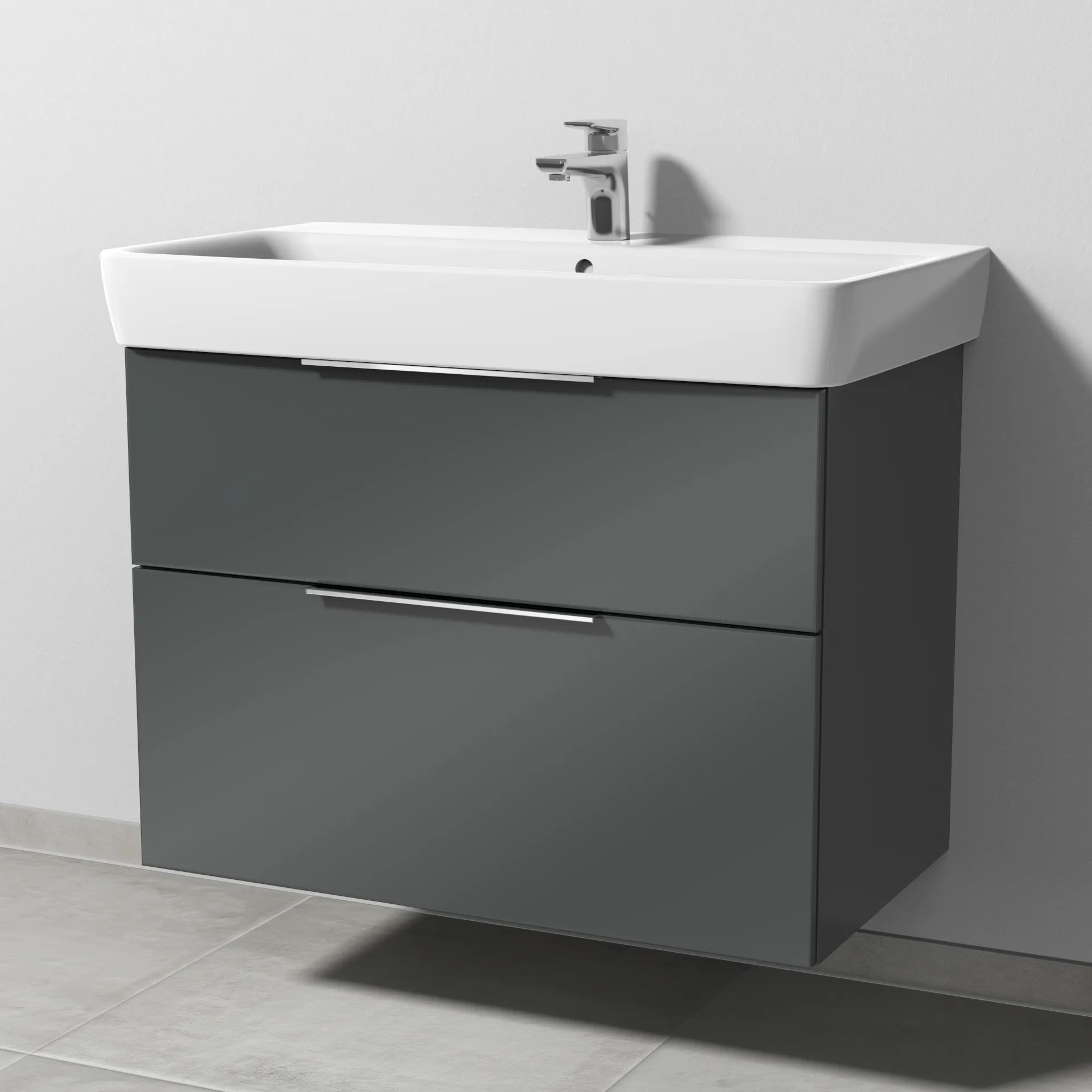 Sanipa Waschtischunterschrank „3way“ passend zu Keramik-Waschtische Renova Plan von Geberit 790 × 588 × 407 mm in Anthrazit (glanz), Becken mittig