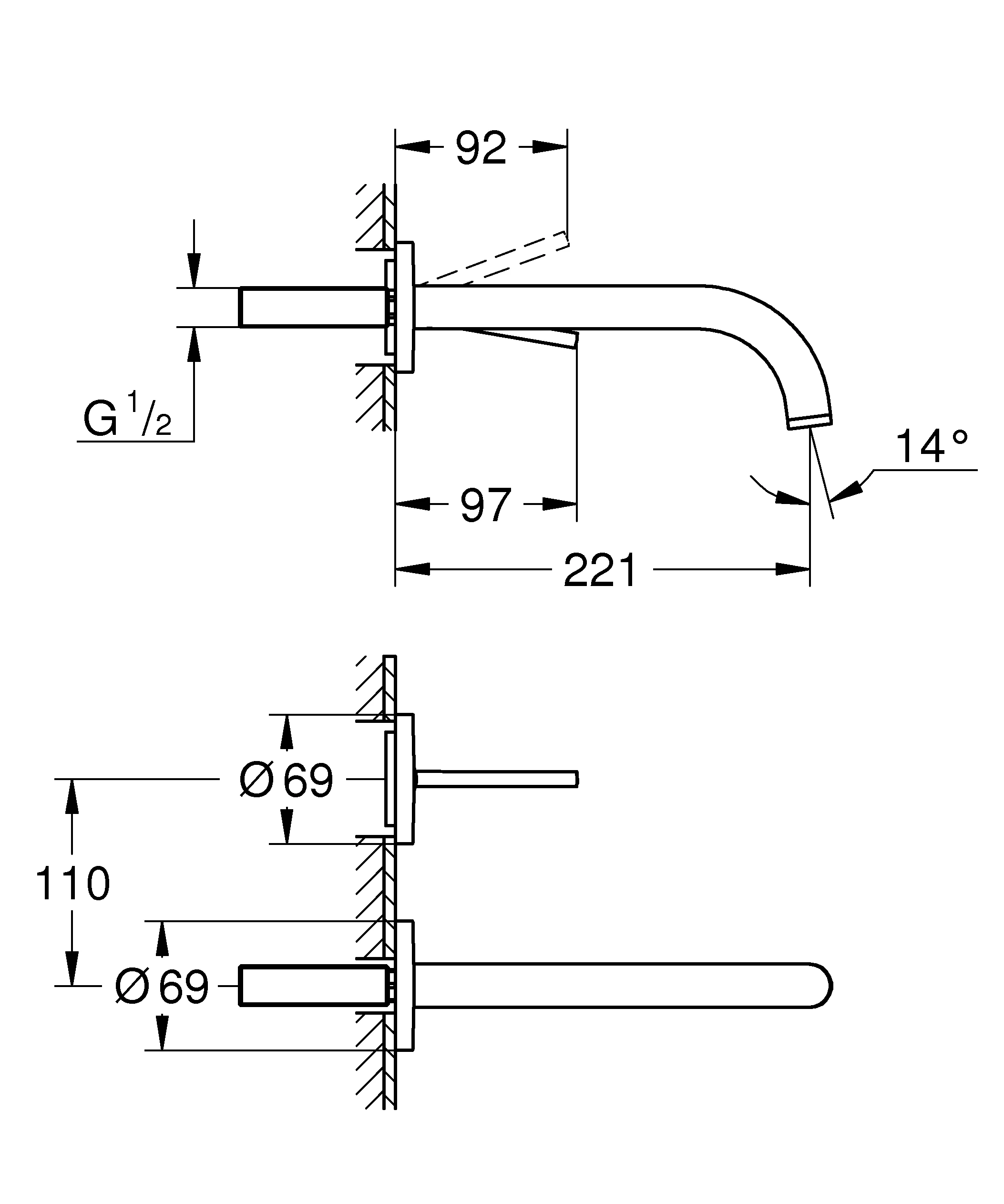 2-Loch-Waschtischbatterie Atrio 29406, Wandmontage, Fertigmontageset für 23 429, Ausladung 221 mm, chrom