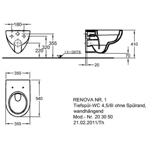 Wand-WC Rimfree Tiefspüler „Renova“ 33,5 × 34 × 54 cm mit KeraTect-Beschichtung und WC-Sitz „Renova“, Befestigung von oben, Soft Closing