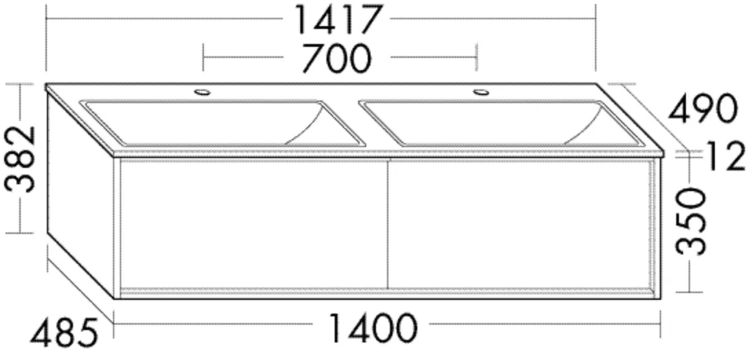 Keramik-Waschtisch Sys K2 inkl. Waschtischunterschrank Uomo, 490x1417x382 mm, Doppelwaschbecken 575x306 mm, 2 Auszüge, 350 mm tief