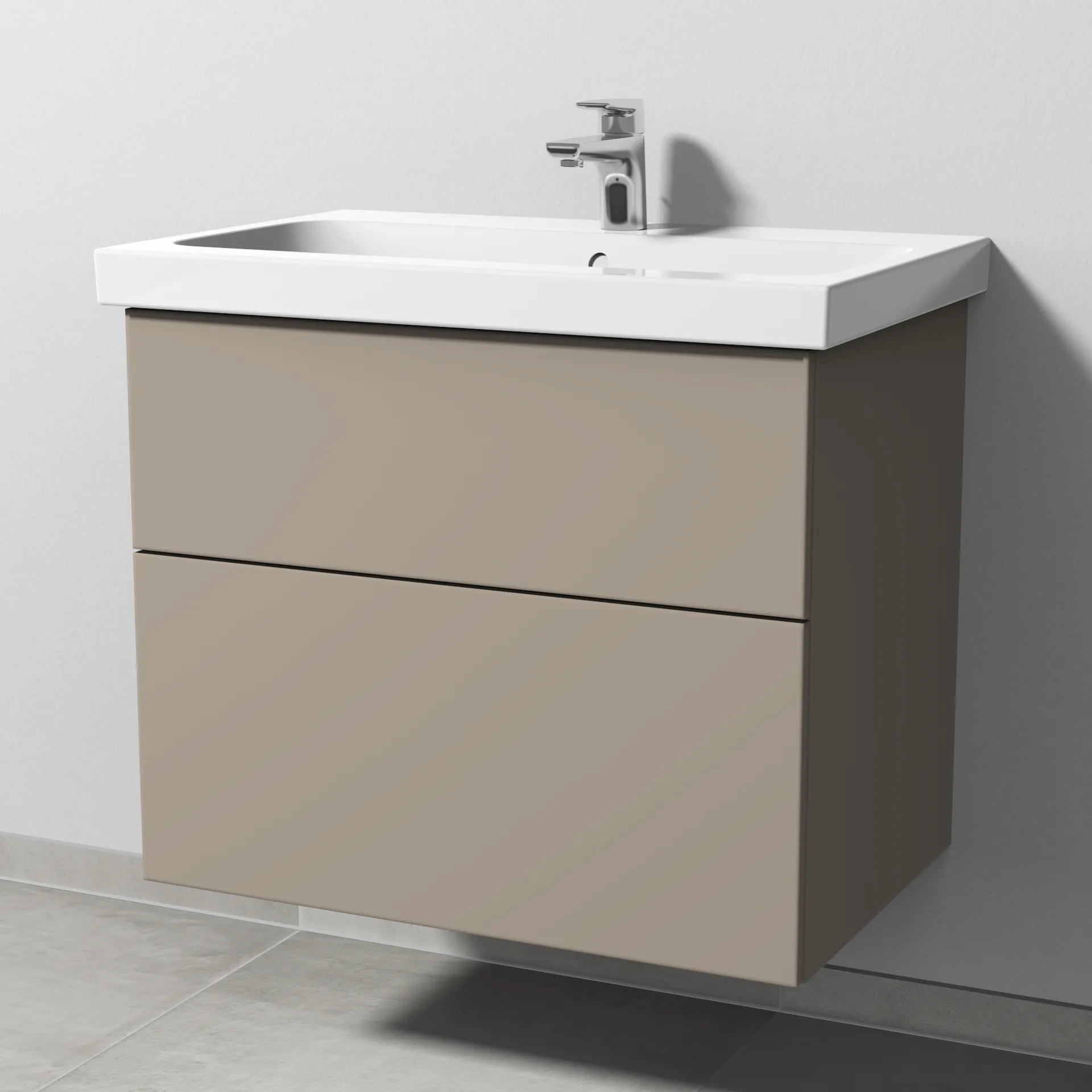Sanipa Waschtischunterschrank „3way“ passend zu Keramik-Waschtische iCon Light von Geberit 700 × 591 × 462 mm in Sandgrau (matt), Becken mittig, mit