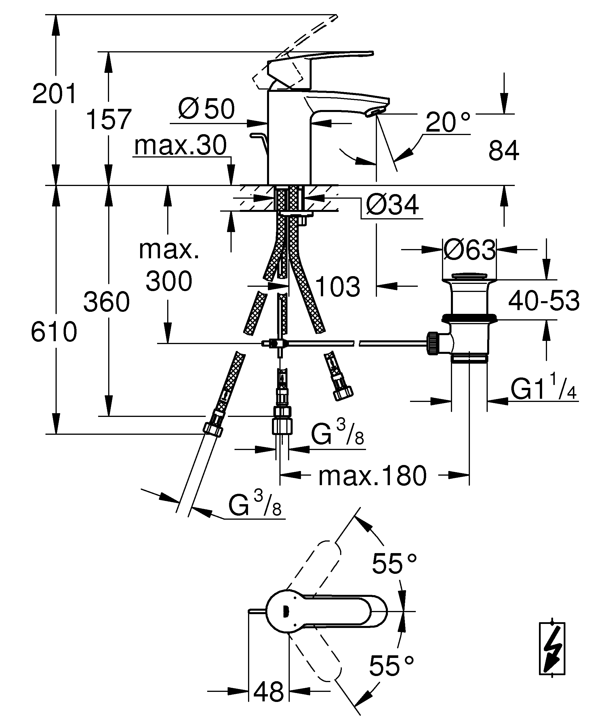 Einhand-Waschtischbatterie Eurostyle Cosmopolitan 33561_2, S-Size, Einlochmontage, Zugstangen-Ablaufgarnitur 1 1/4'', Niederdruck für offene Warmwasserbereiter, chrom