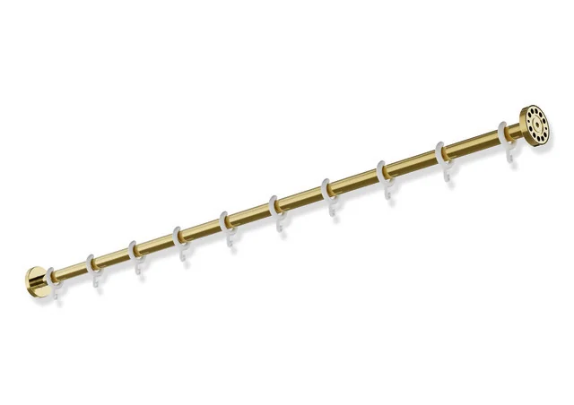HEWI Vorhangstange System 900, Edelstahl PVD Gold glänzend, Länge 1219 mm, Stangendurchmesser 25 mm, mit 10 Vorhangringen aus weißem POM