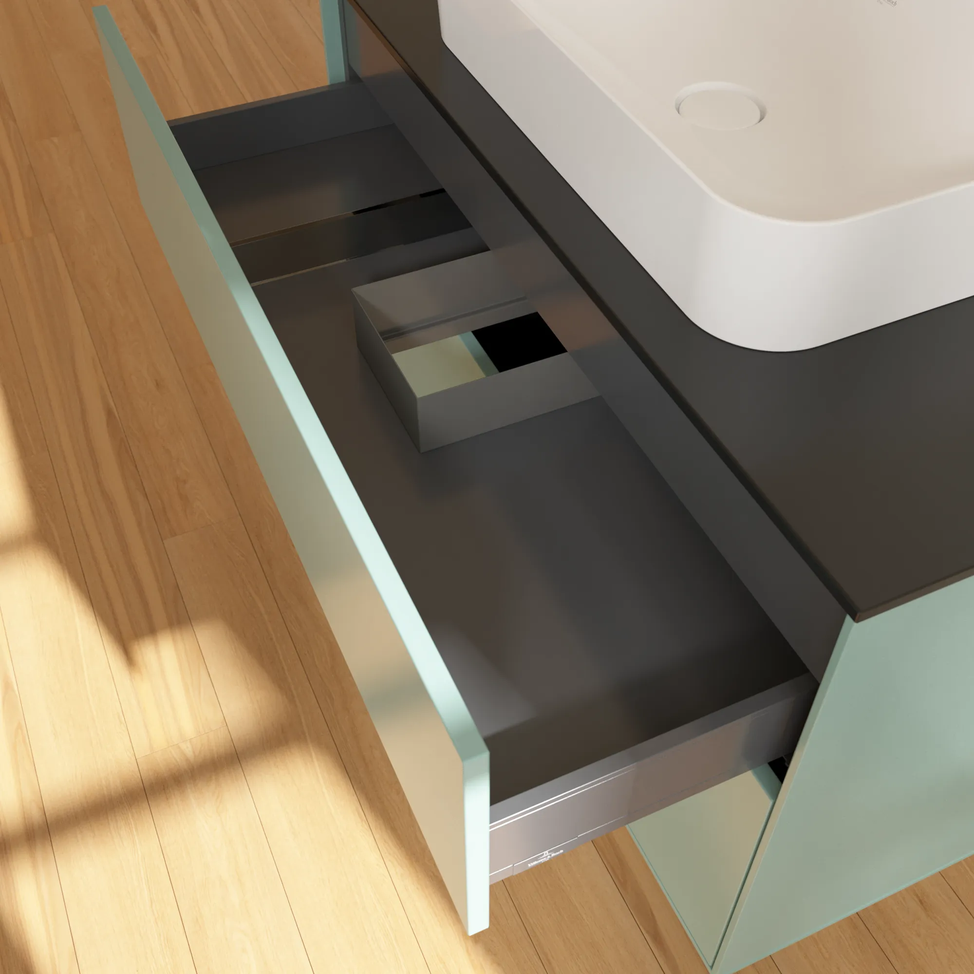 Villeroy & Boch Waschtischunterschrank „Finion“ für Schrankwaschtisch 1000 × 603 × 501 mm Olive Matt Lacquer, ohne Hahnlochbohrung, für Becken mittig