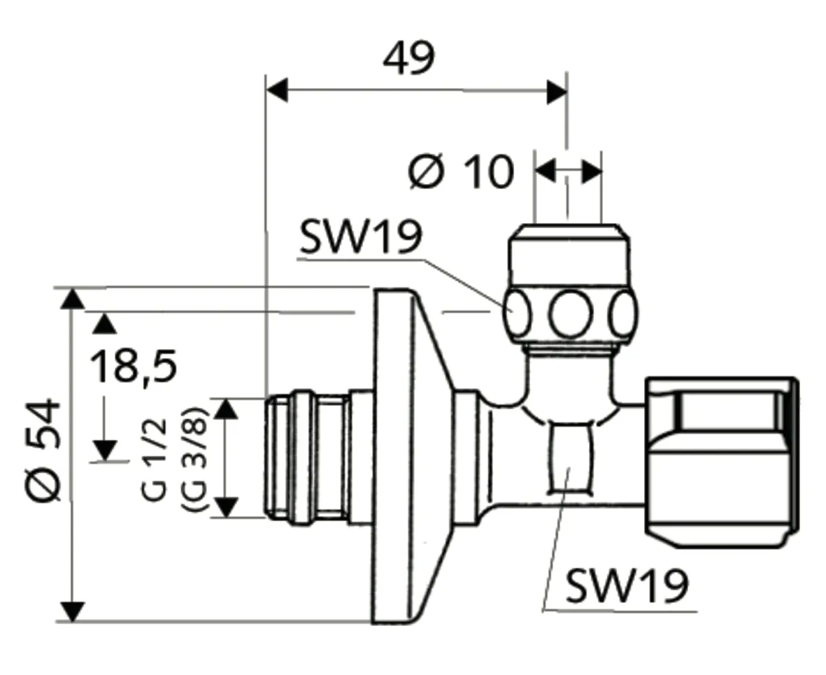 Eckventil mit Regulierfunktion COMFORT mit Filter, Filter (Maschenweite: 250 µm), COMFORT-Griff, Schubrosette Ø 54 mm, DN 15 G 1/2 AG mit ASAG easy, DN 10 G 3/8 AG, chrom
