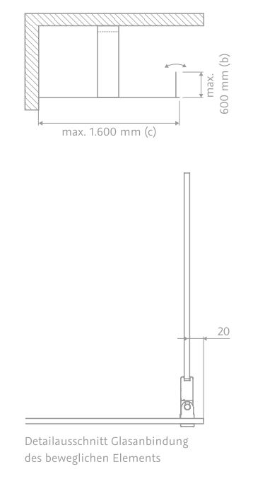 HSK rahmenlos Duschabtrennung Walk-In Frontelement mit beweglichem Seitenteil rechts „Lavida“ in Glas Mattierung mittig (65 cm),