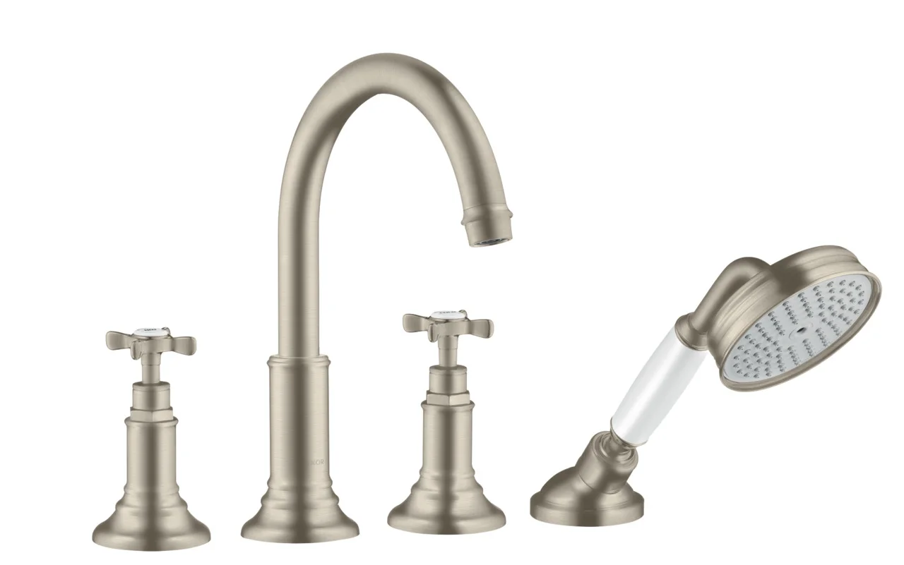 Hansgrohe AXOR Montreux 4-Loch Wannenrandarmatur Brushed Nickel, Ausladung 196 mm, RainAir Handbrause, max. Durchfluss 20,5 l/min