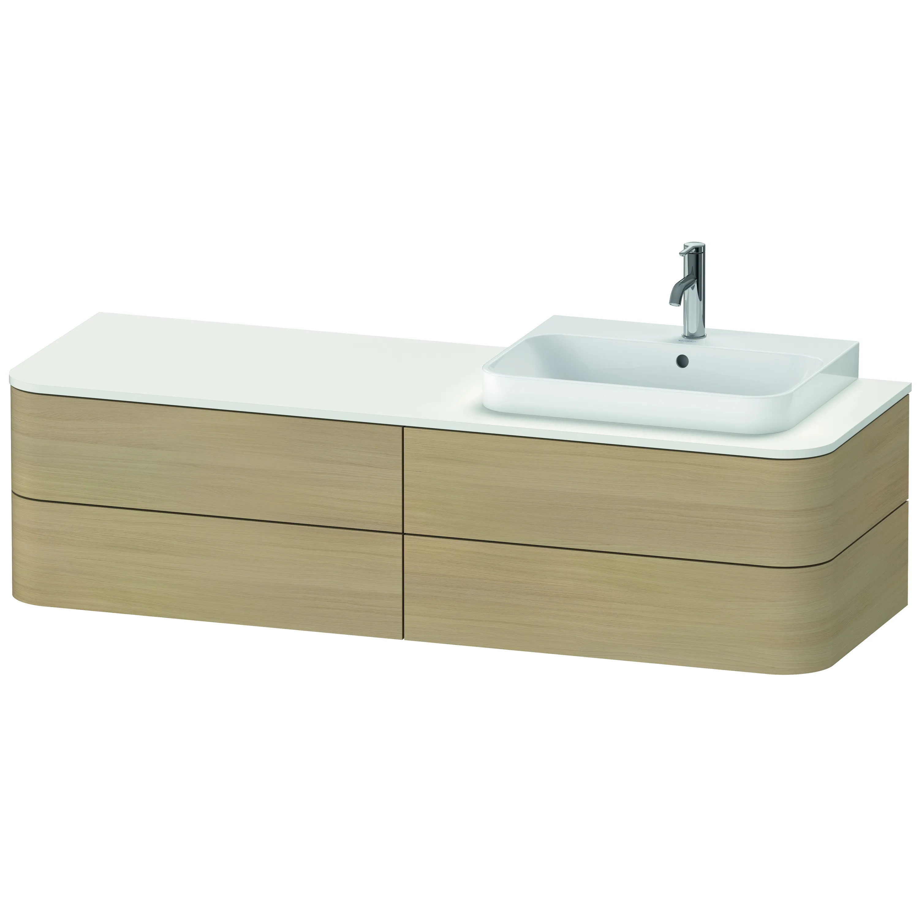 Duravit Waschtischunterschrank wandhängend „Happy D.2 Plus“ 160 × 40,8 × 55 cm Mediterrane Eiche, rechts Becken: rechts / Beleuchtung: ohne / Front- & Korpusfarbe: Mediterrane Eiche / Größe: 160 × 55 × 40,8 cm / Oberfläche: Echtholzfurnier / Schubladen: 4