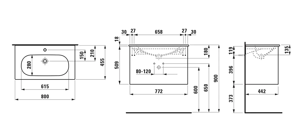 Waschtisch+Waschtischunterbau LUA SET LANI 455x800x527 1 Hahnloch mit Überlauf 2 Schubladen mit integrierter Griffleiste mit Soft-Close Funktion Weiß/Weiß matt