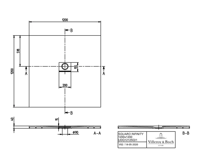 Villeroy & Boch quadrat Duschwanne „Squaro Infinity“ Sonderanfertigung 120 × 120 cm