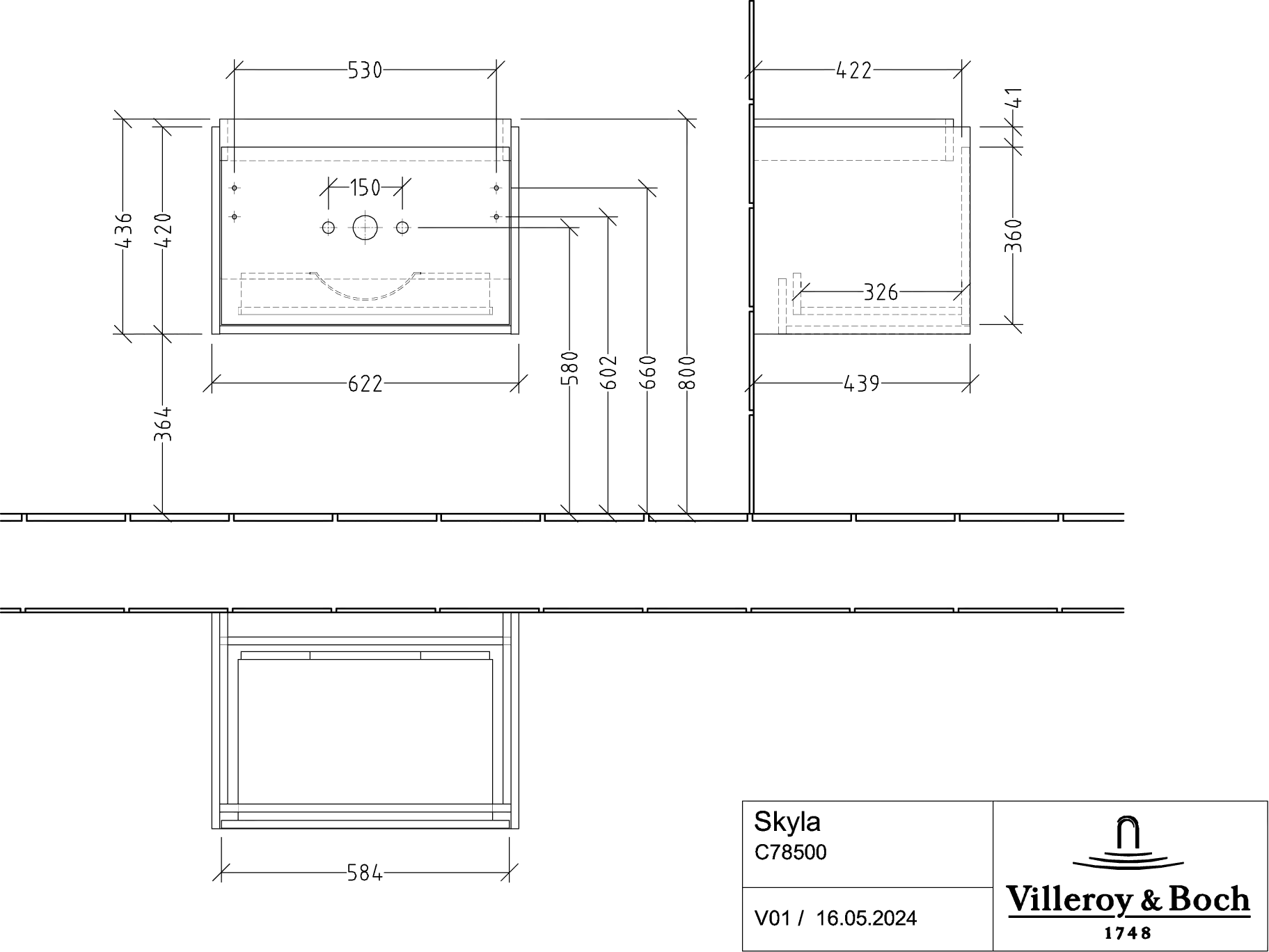 Villeroy & Boch Waschtischunterschrank „Skyla“ 622 × 436 × 439 mm Stone Oak