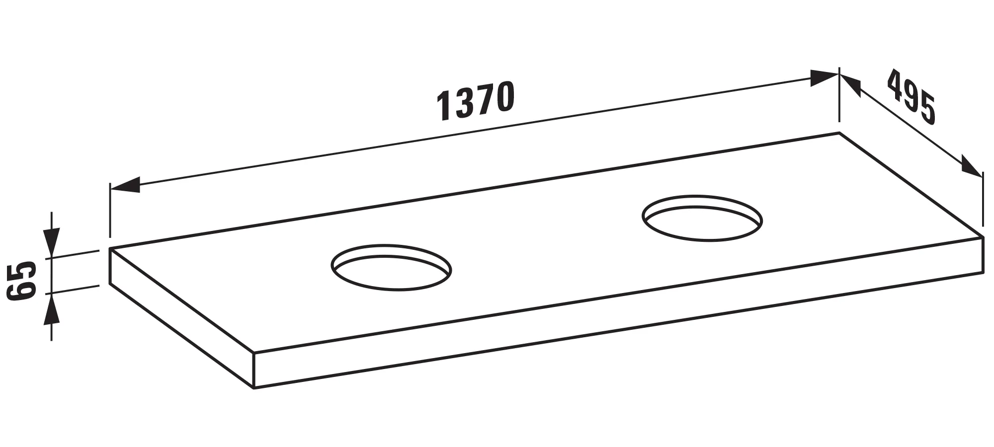 Waschtisch-Platte LANI 495x1370x65 mit Ausschnitt links und rechts inklusive 2 Befestigungselemente weiß matt