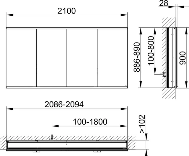 KEUCO Wandeinbau Spiegelschrank 4-türig „Royal Modular 2.0“ in Silber (eloxiert), Unterputz, mit Beleuchtung 2100 × 900 × 160 mm KEUCO Wandeinbau Spiegelschrank 4-türig „Royal Modular 2.0“ in Silber (eloxiert), Unterputz, mit Beleuchtung 2100 × 900 × 160 mm