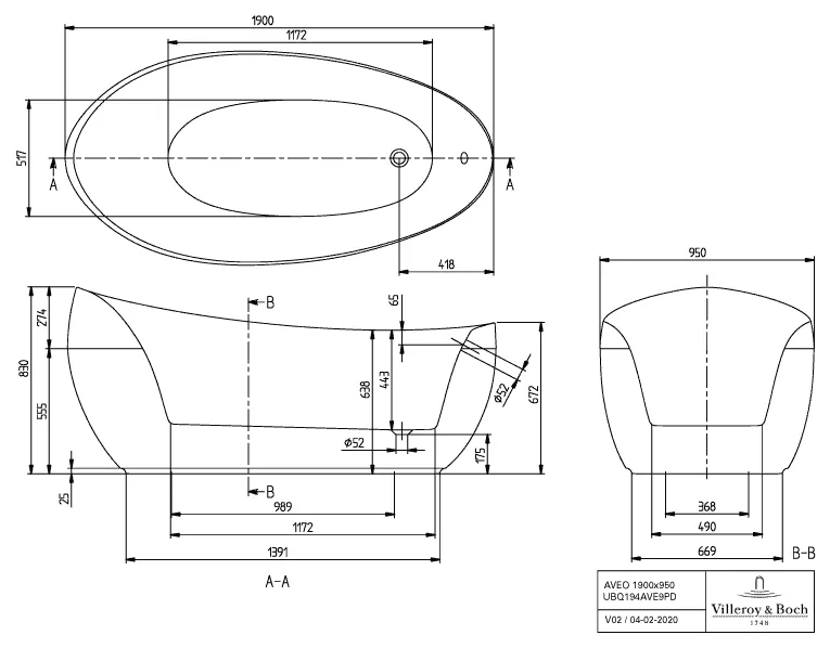 Villeroy & Boch Badewanne „Aveo“ freistehend oval 190 × 95 cm, Fußablauf