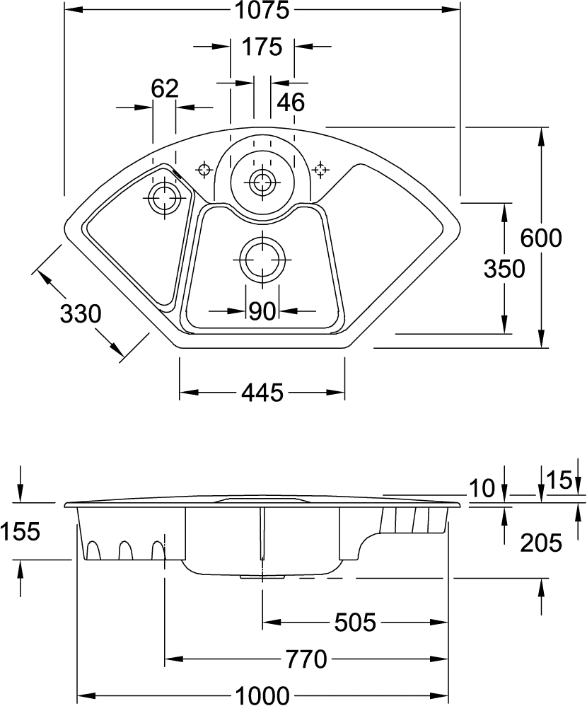 Villeroy & Boch Einbau-Küchenspülbecken „Solo Eck“ 1075 × 600 × 205 mm, Hahnlochposition links in Ivory