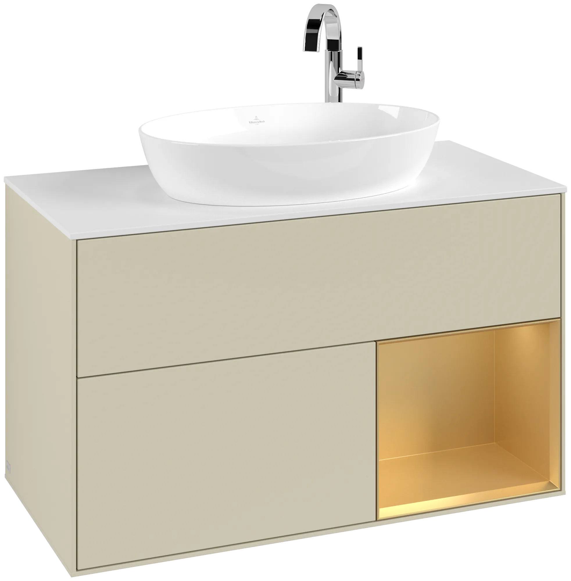 Villeroy & Boch Finion Waschbeckenunterschrank F90, 1000 x 603 x 501 mm, Silk Grey Matt Lacquer / Gold Matt Lacquer / Glass White Matt