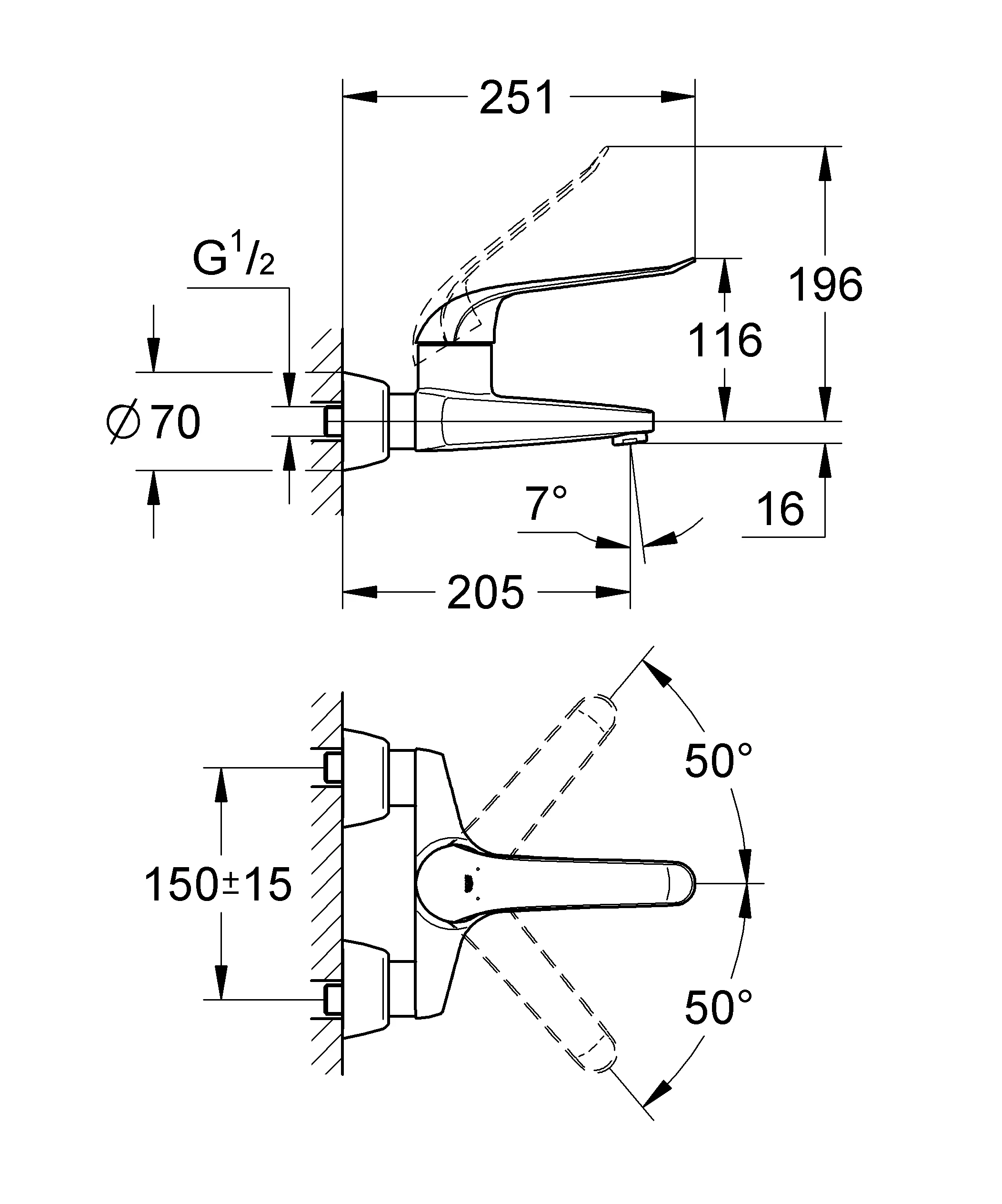 Einhand-Waschtischbatterie Euroeco Special 32778, Wandmontage, Ausladung 205 mm, 46 mm Keramikkartusche, Hebellänge 170 mm, chrom