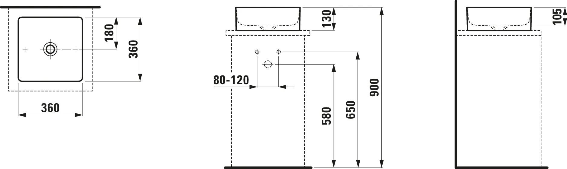 Waschtisch-Schale LIVING Saphirkeramik 360x360x130 quadratisch ohne Hahnloch ohne Überlauf weiß