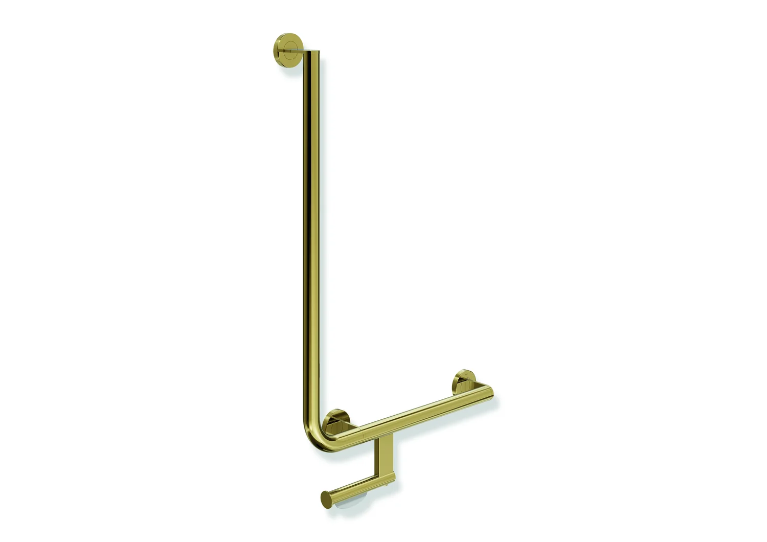 HEWI Winkelgriff System 900 mit WC-Papierrollenhalter, Edelstahl PVD gold glänzend, 32 mm Durchmesser, waagerecht 500 mm, senkrecht 750 mm, rechts